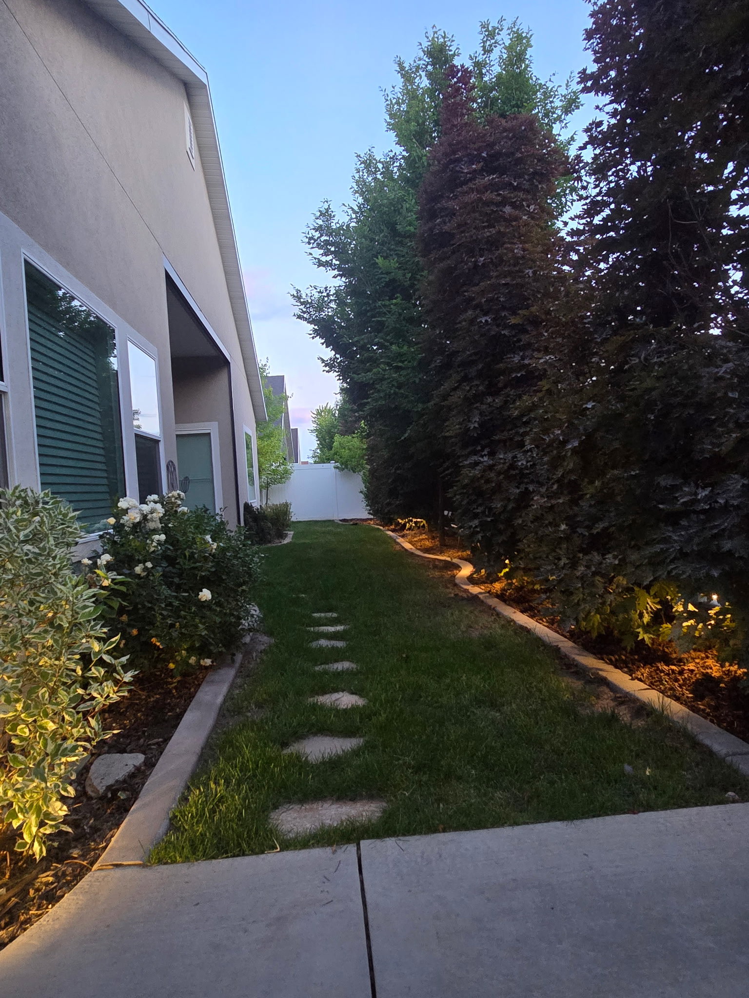 Side yard featuring a stepping stone path, manicured lawn, and mature trees
