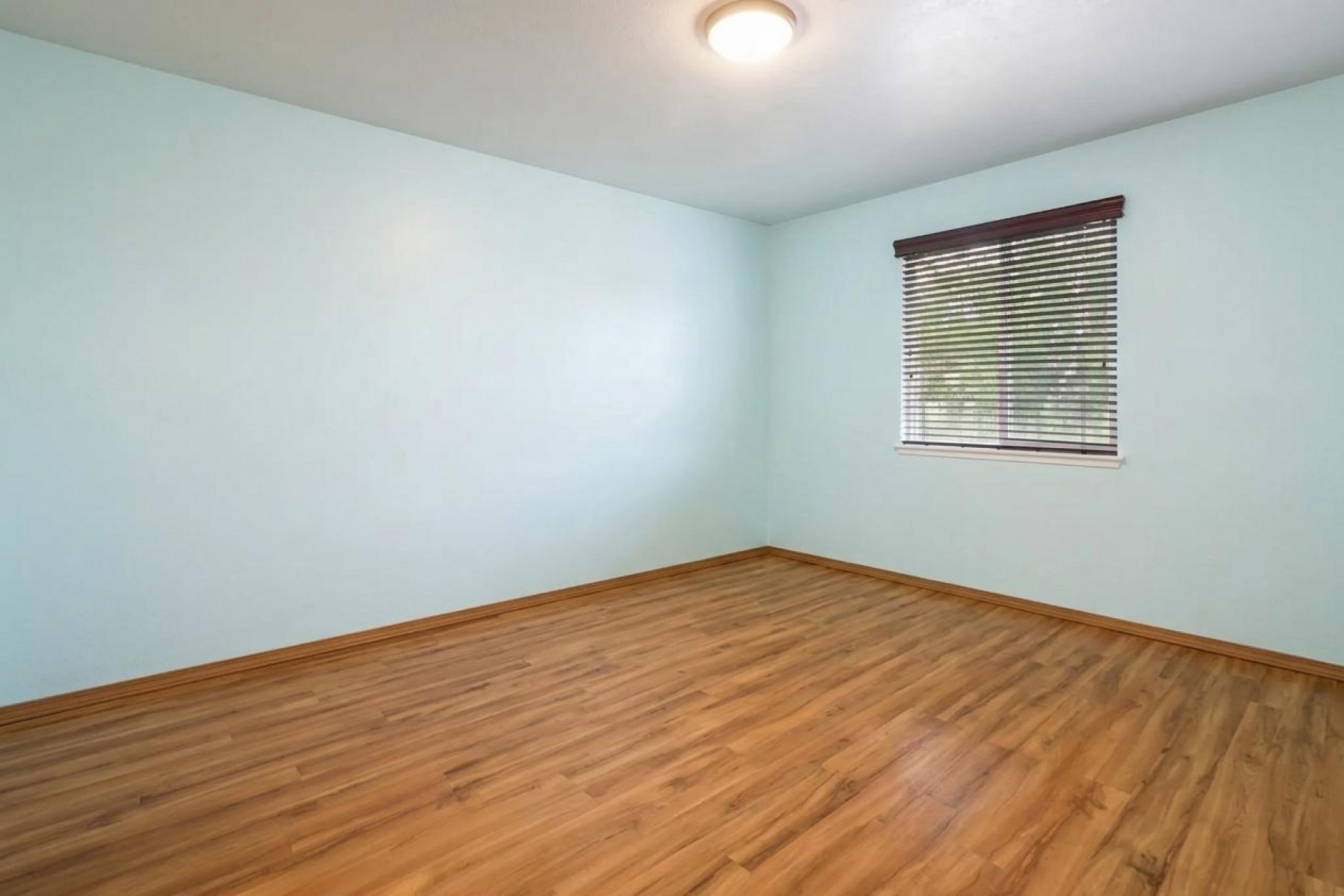 Room featuring wood-finish flooring, light, and a window with horizontal blinds