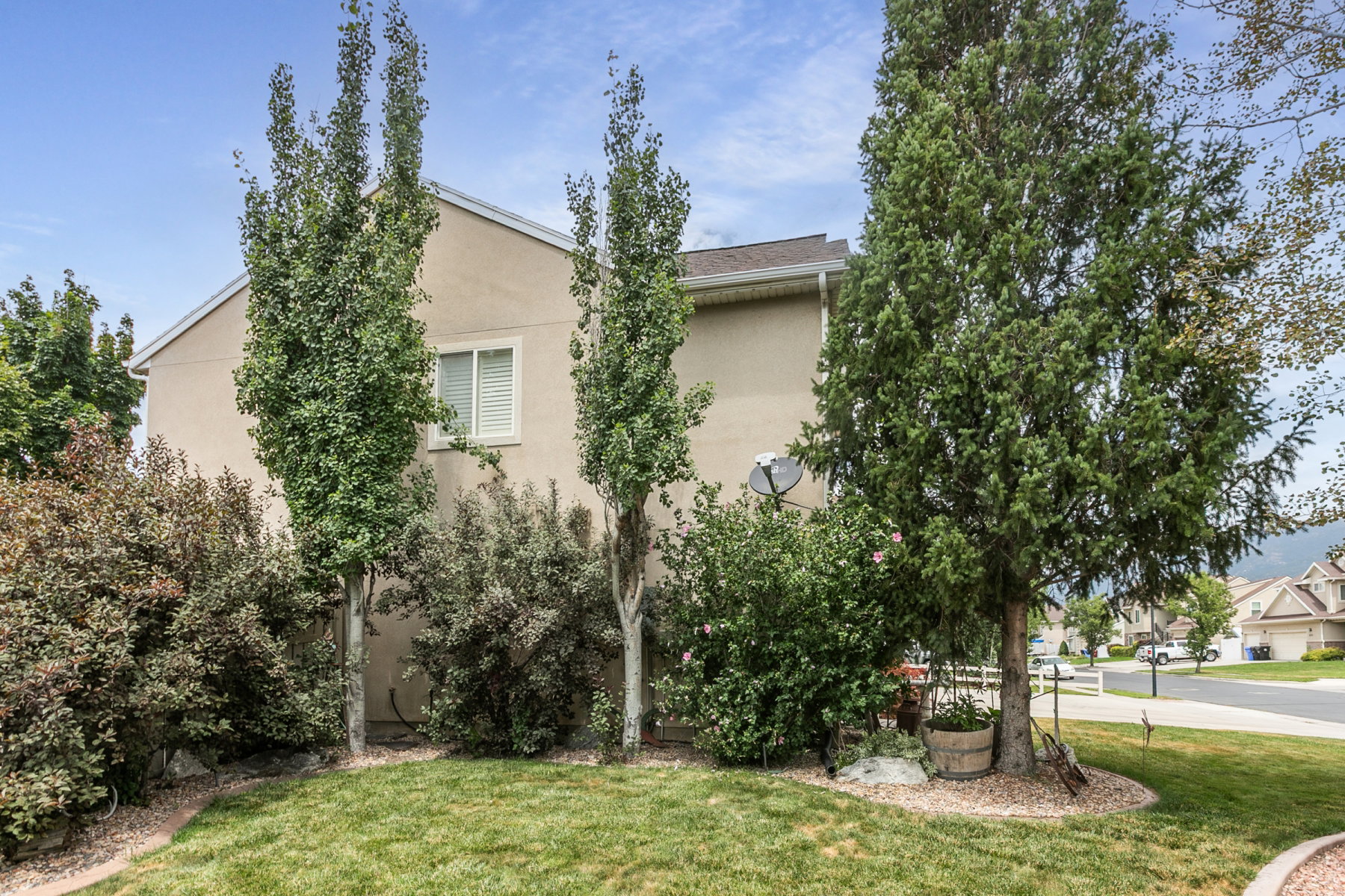 Front side yard featuring a manicured lawn, established shrubs, and mature trees providing natural screening