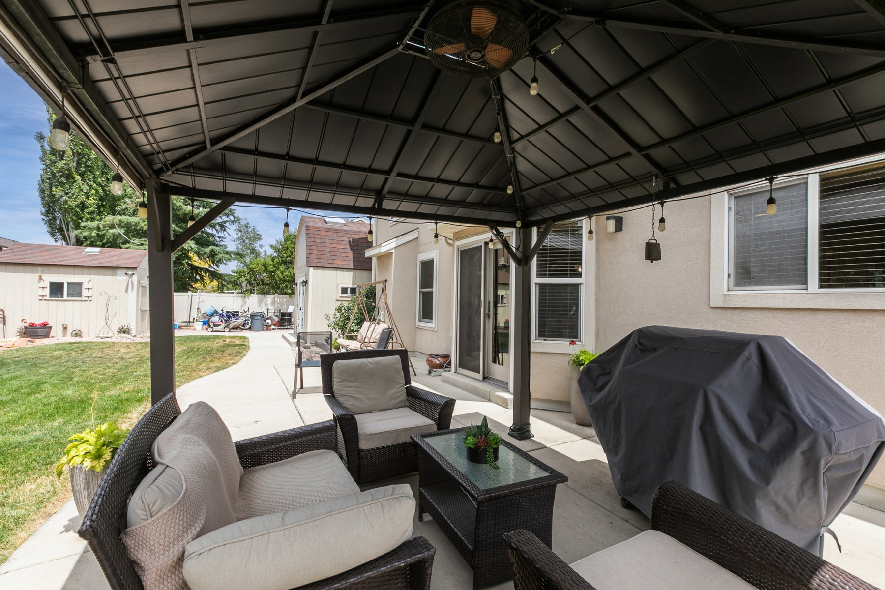 Patio gazebo with string lights