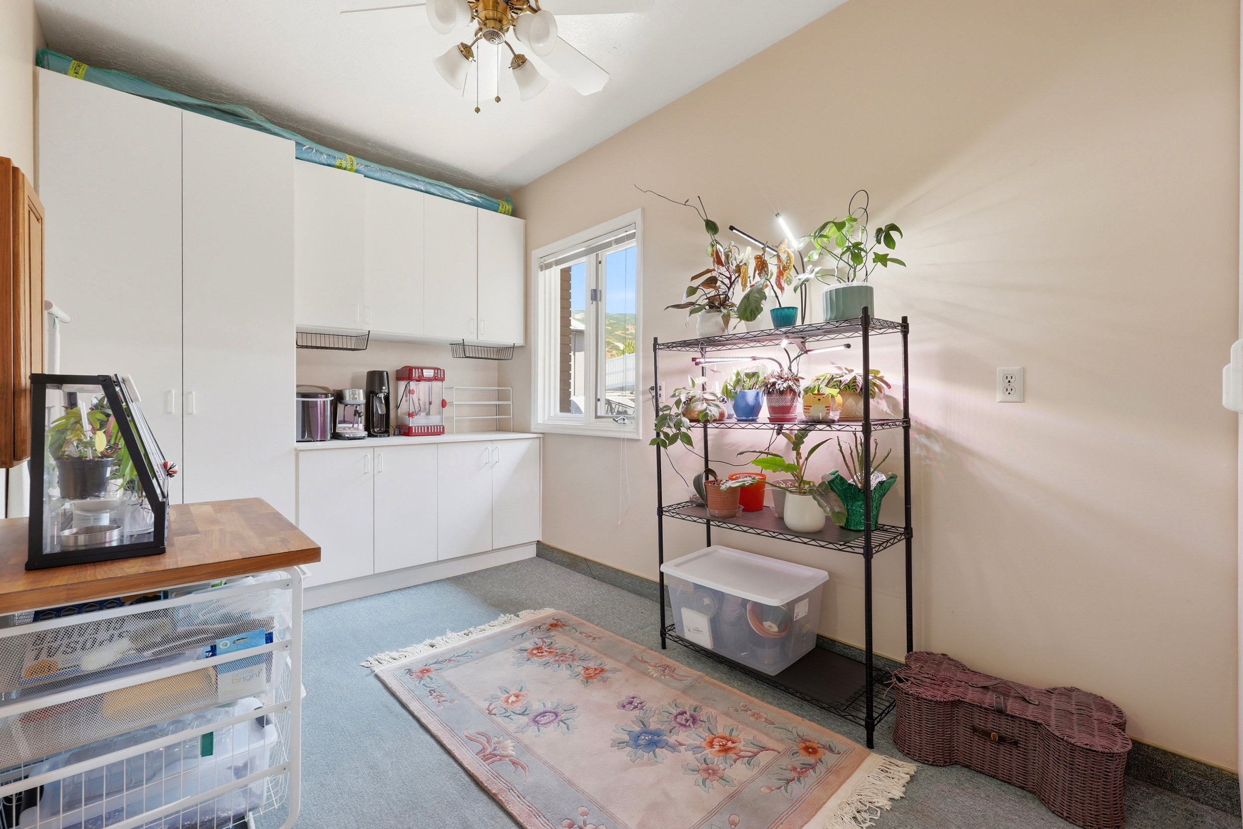 Mud room/ storage room, featuring white cabinetry, a built-in countertop, and a window providing natural light