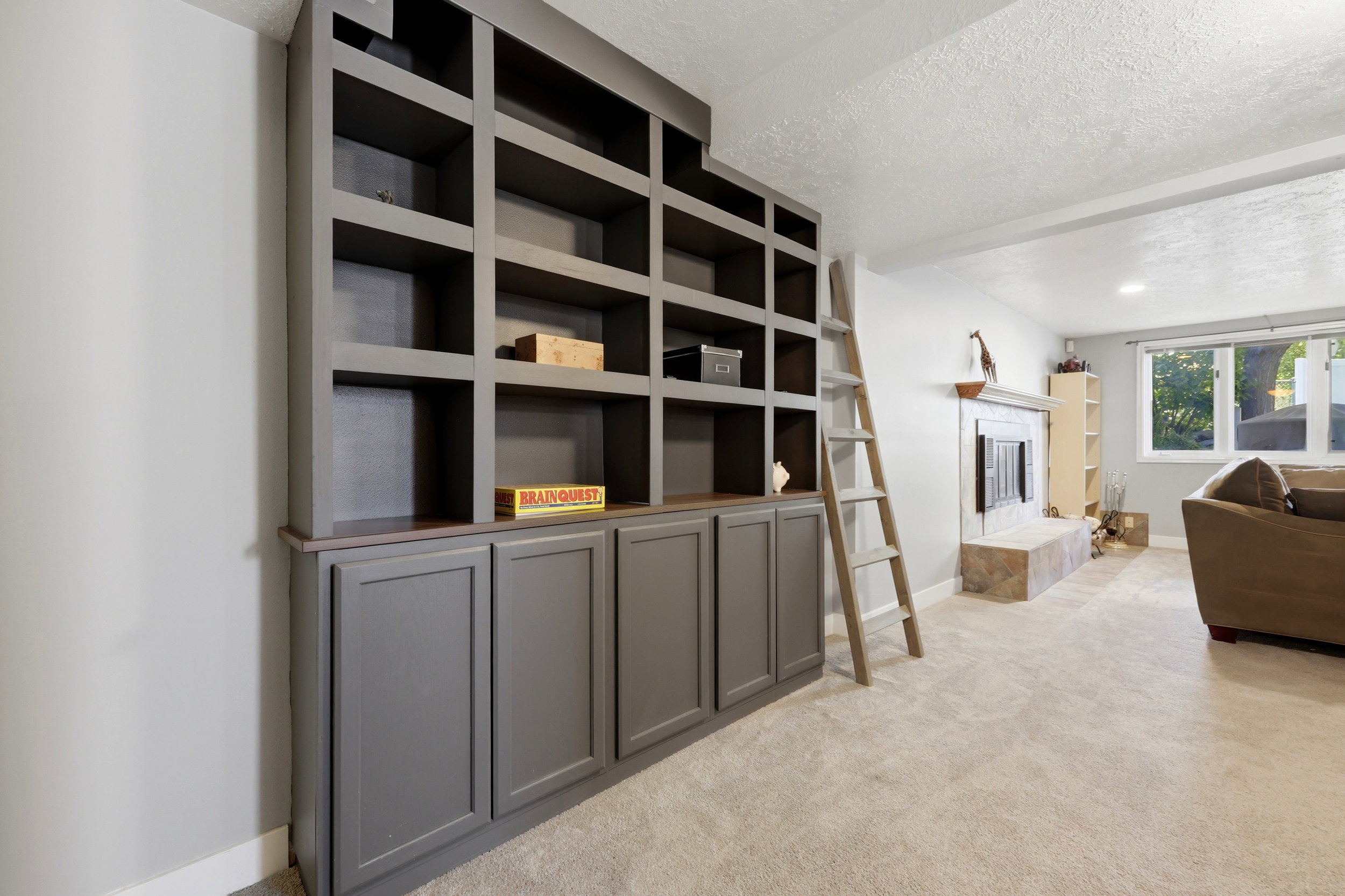 Custom built-in shelving and cabinetry.