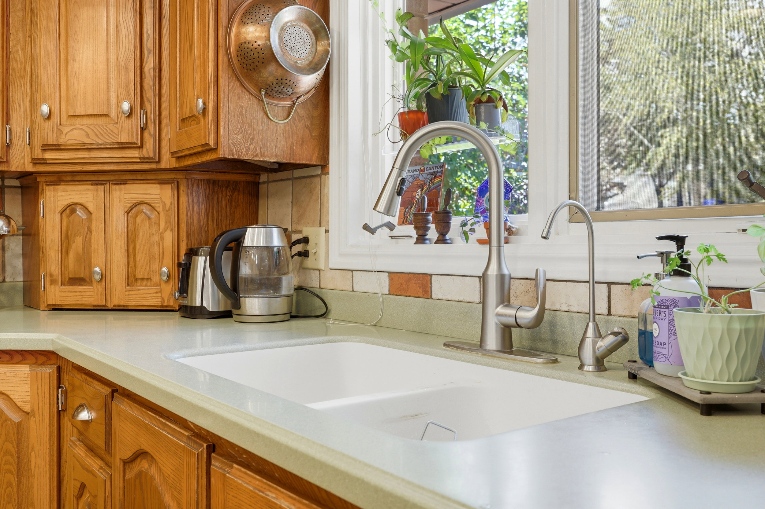Kitchen sink featuring a dual-handle brushed nickel faucet and a separate filtered water spigot