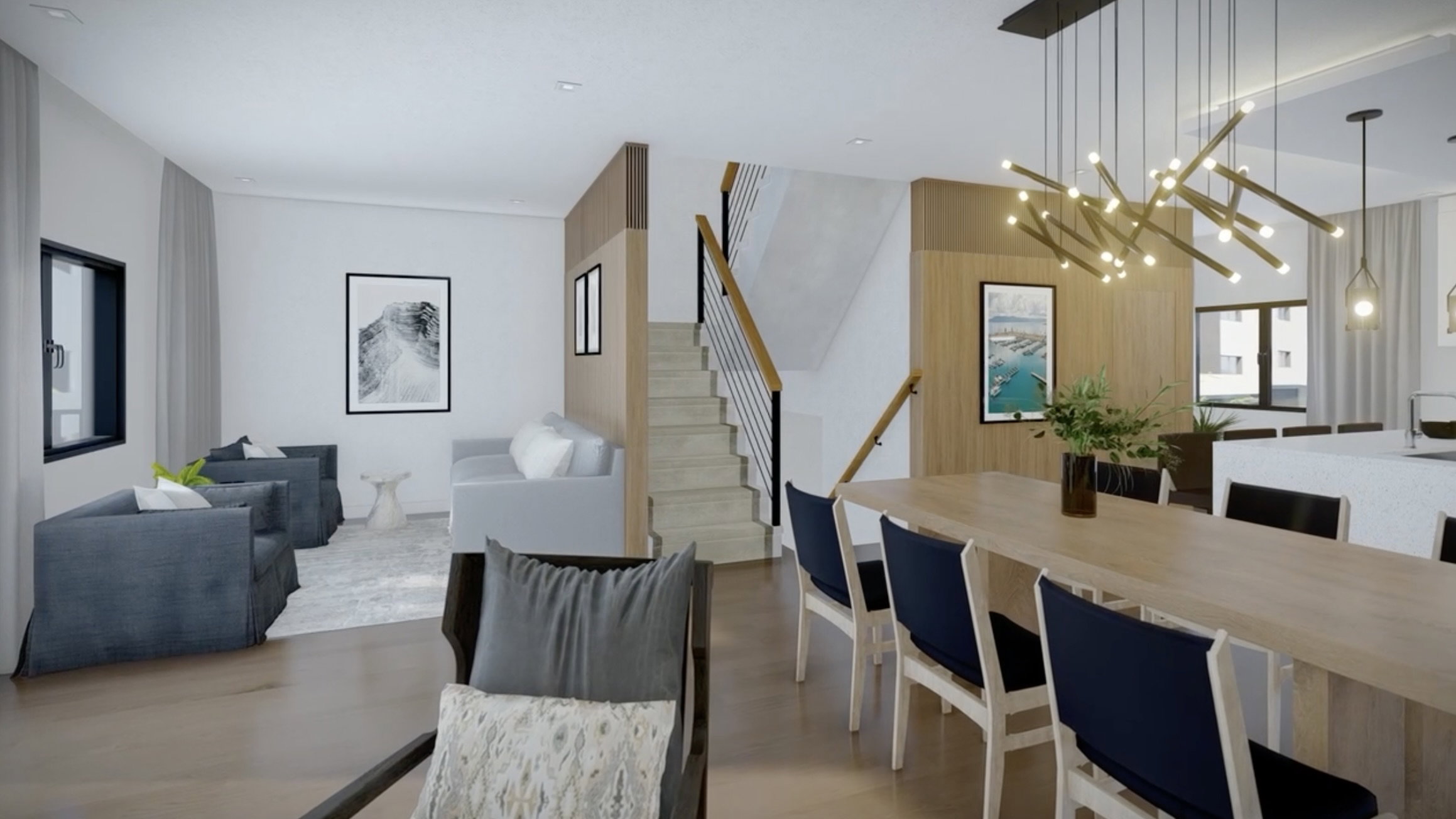 Open-concept living and dining areas featuring wood-finish flooring, a modern linear chandelier, and a prominent staircase with wood handrails and black metal balusters