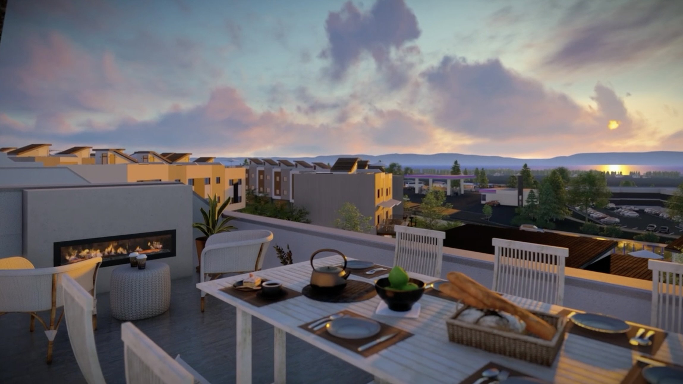 Rooftop terrace featuring a built-in linear fireplace, a concrete half-wall, and a concrete patio surface