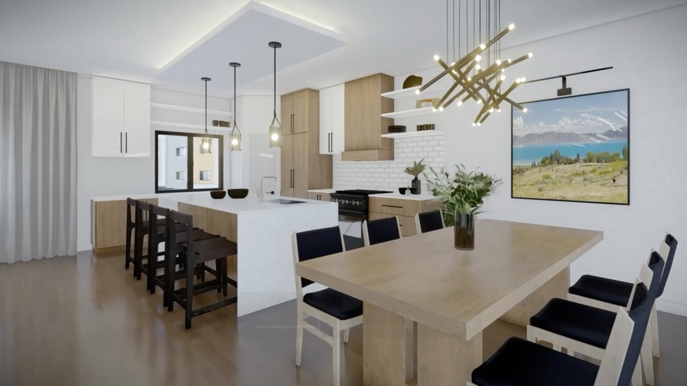 Open-concept kitchen and dining area featuring a spacious island with seating for four, wood-finish flooring, recessed lighting, and a contemporary chandelier