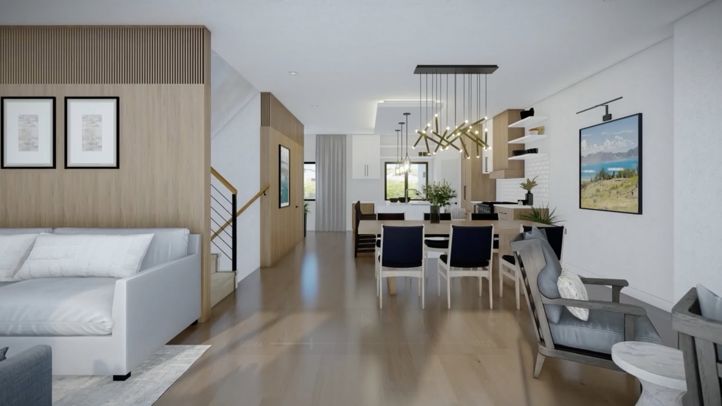 Open-concept interior featuring wood-finish flooring, a contemporary chandelier, a staircase with metal railings, a kitchen island with seating, and integrated shelving