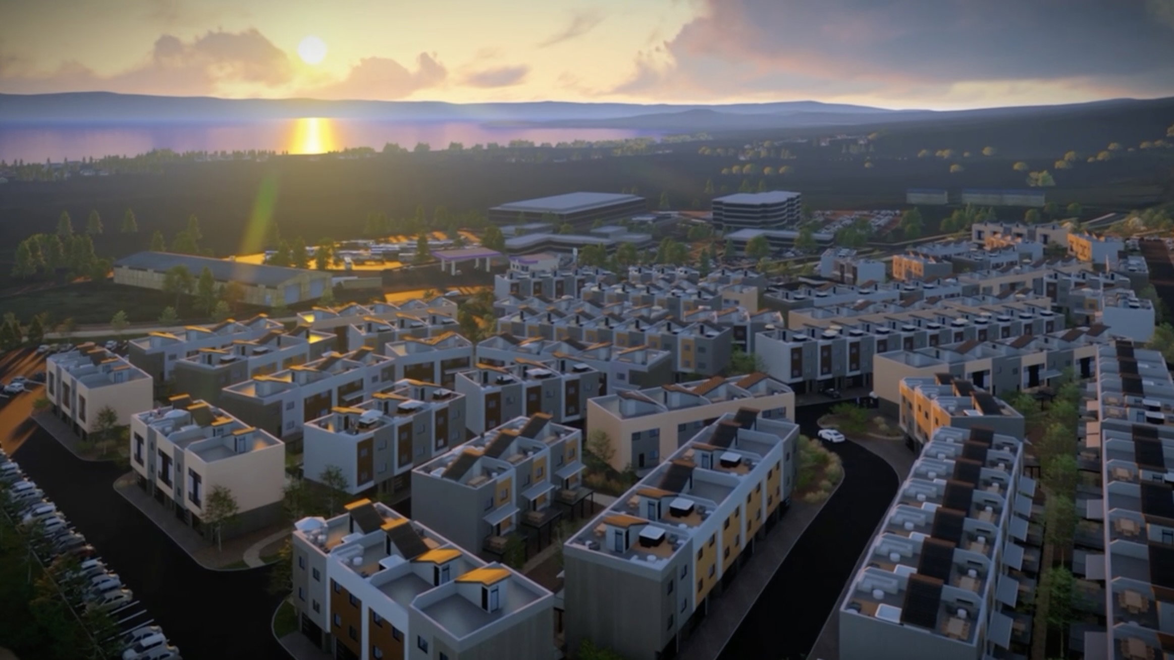 Aerial representation of a residential community featuring multi-story townhomes with modern facades