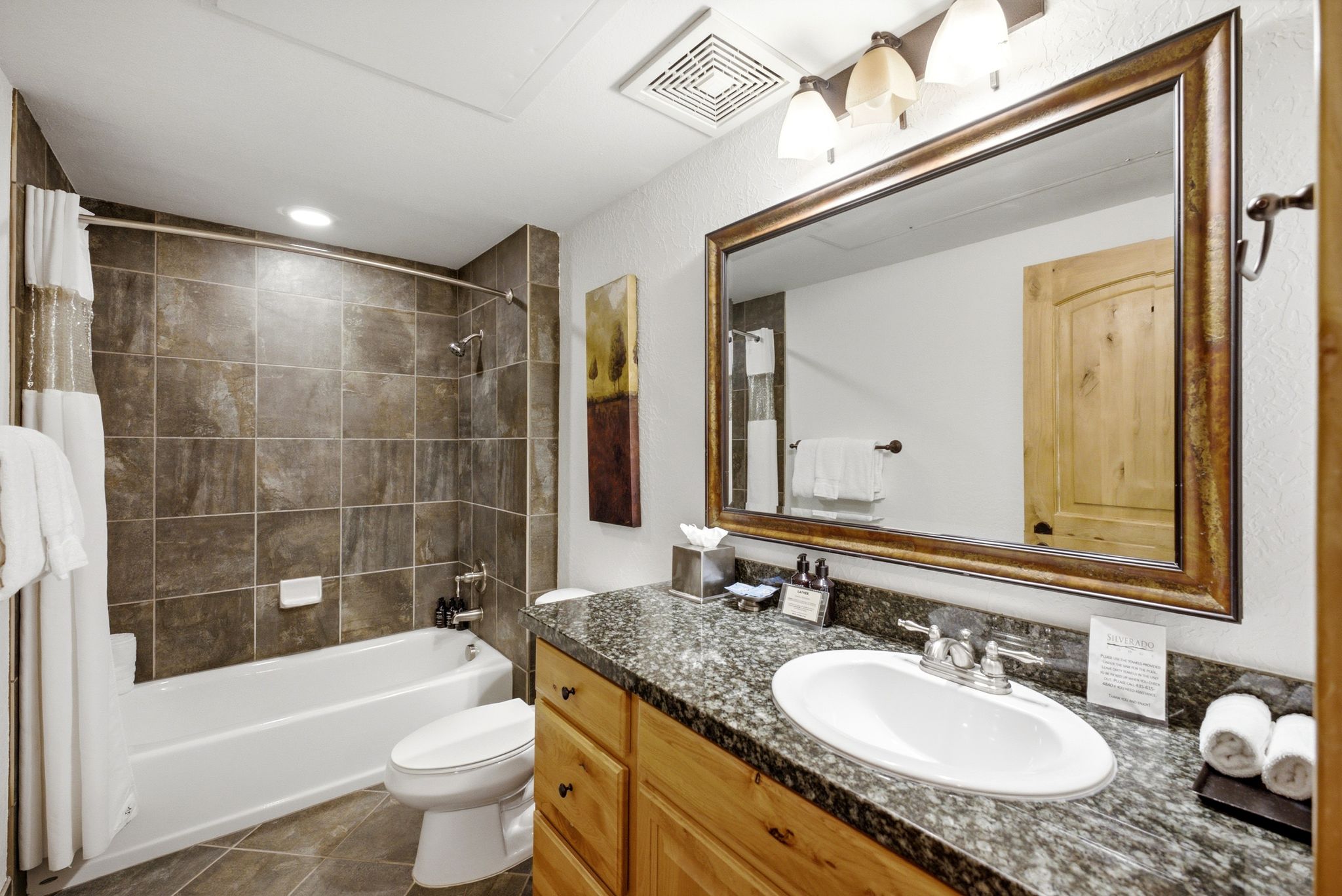 Full bathroom featuring a single vanity with wood cabinetry, a granite-finish countertop, and an oval undermount sink