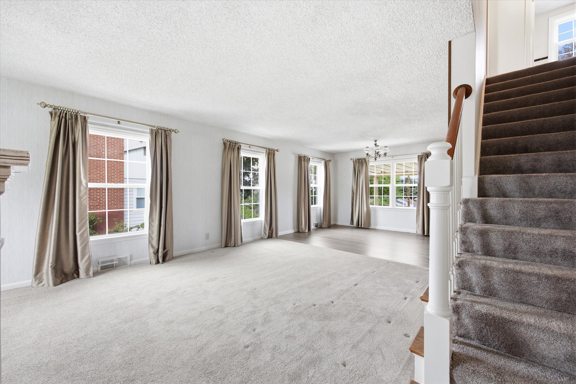 Bright interior space featuring multiple windows with natural light, light-toned carpeting, and wood-finish flooring