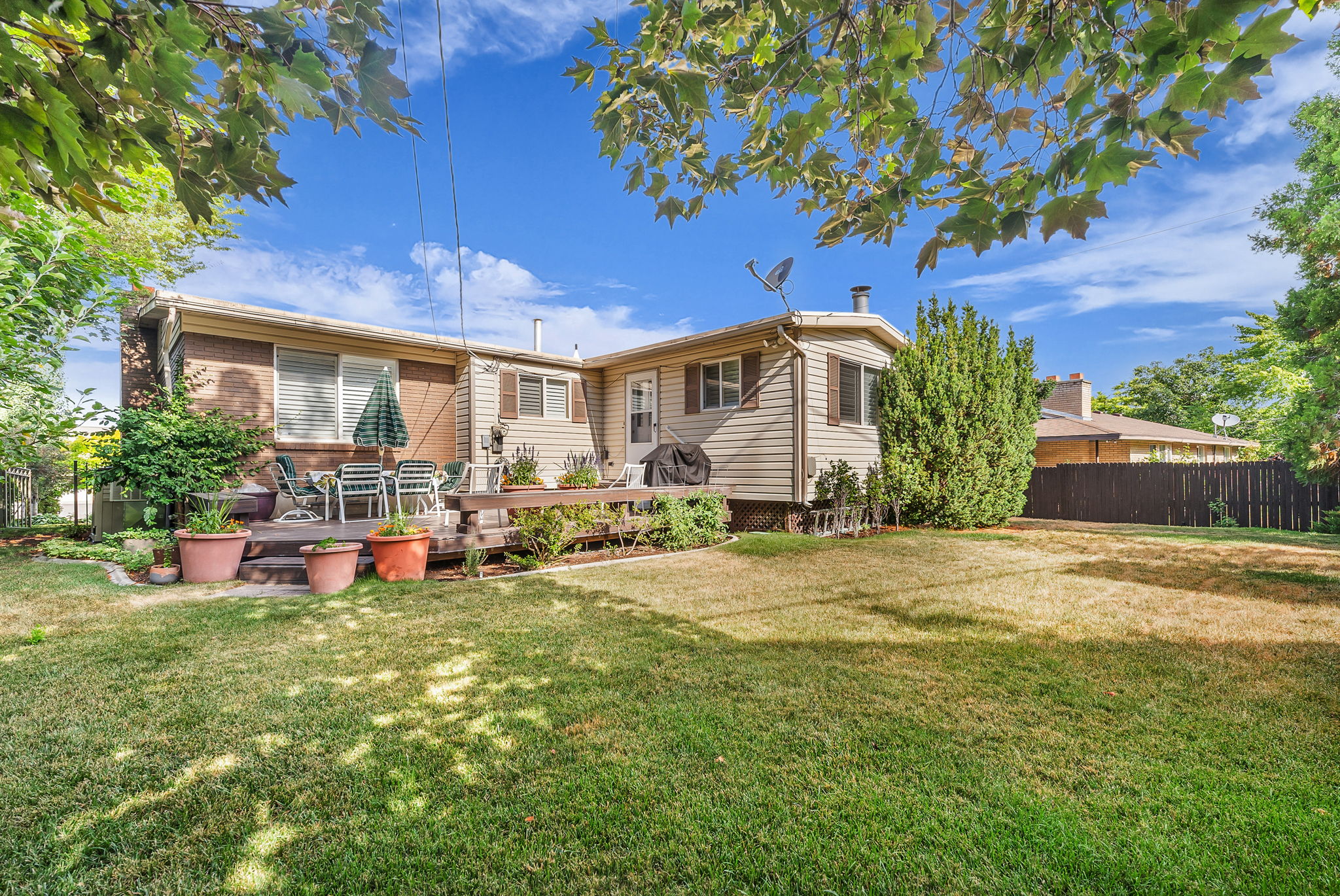 Expansive backyard featuring a Trex style deck, manicured lawn, and mature trees
