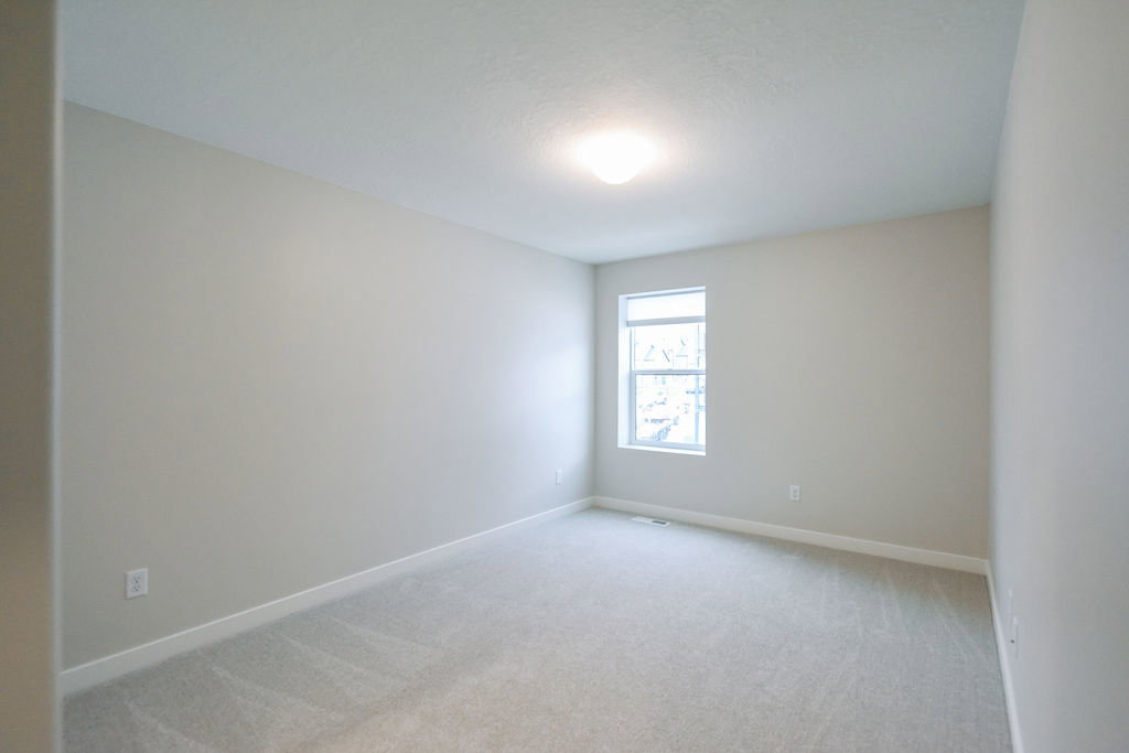 Room featuring light gray carpet, neutral wall paint, and a white trim baseboard