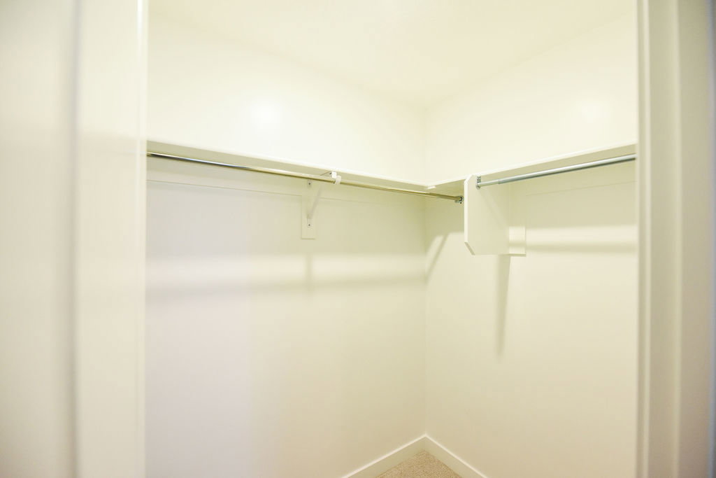 Walk-in closet featuring white painted walls, carpeting, and L-shaped hanging rods with shelving