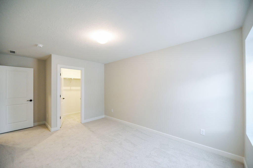 Carpeted room featuring a white interior door with black hardware, an open doorway revealing a closet with shelving, a ceiling-mounted light fixture, and light-toned wall paint