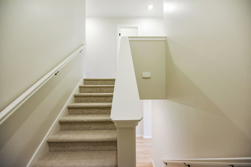 Carpeted staircase with white handrails and balusters