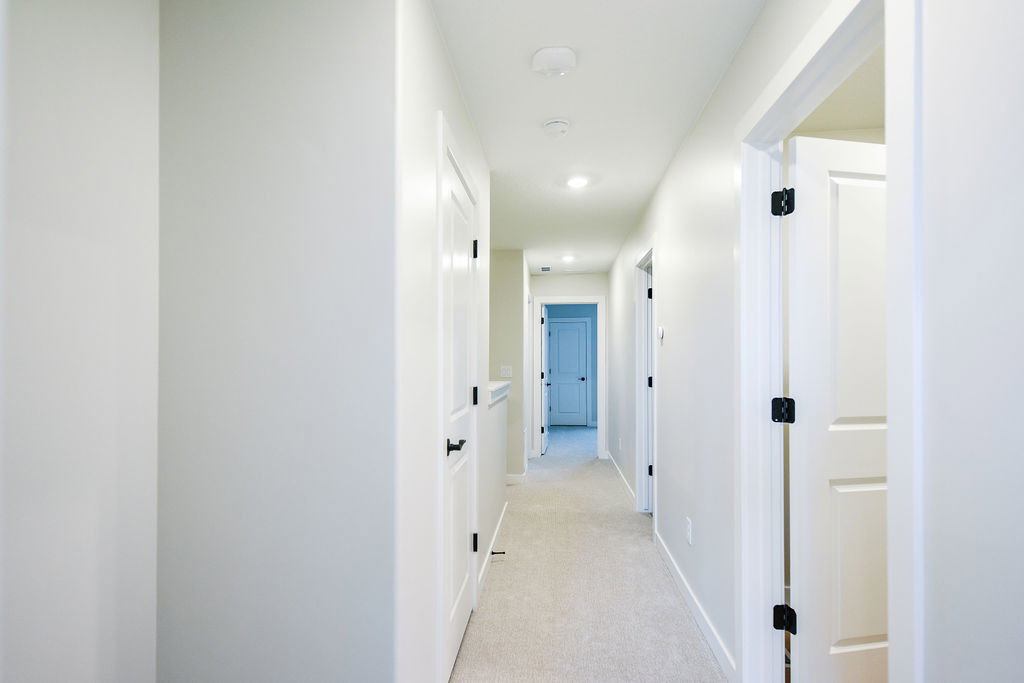 Bright hallway featuring recessed lighting, light-toned carpeting, white walls, and multiple paneled doors with matte black hardware