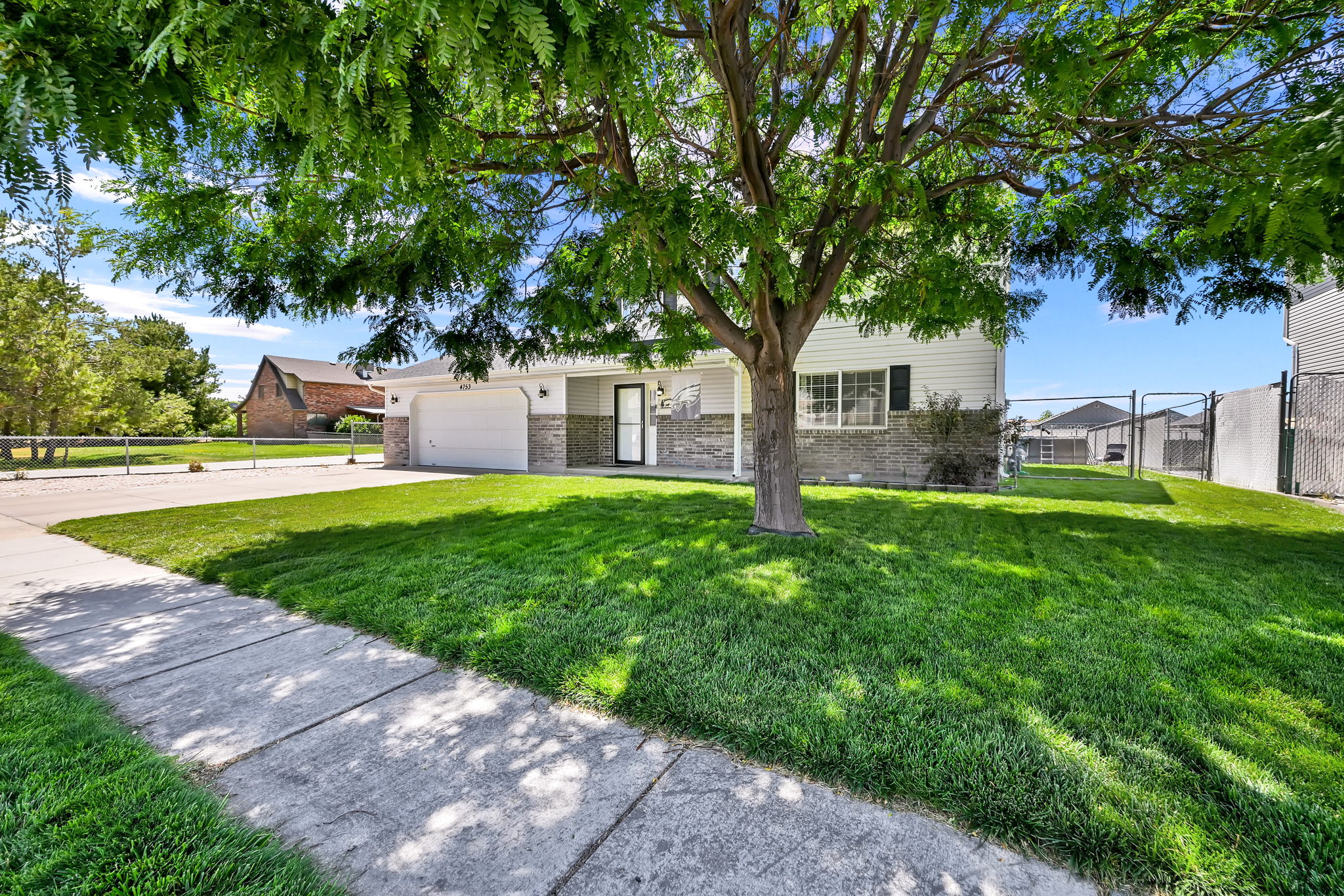 Manicured front yard with mature shade tree, concrete sidewalk, and a driveway leading to a two-car garage