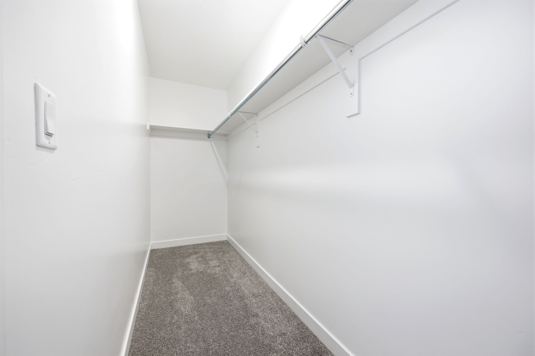 Walk-in closet featuring light gray carpeting, white walls, and a built-in shelving system with a hanging rod