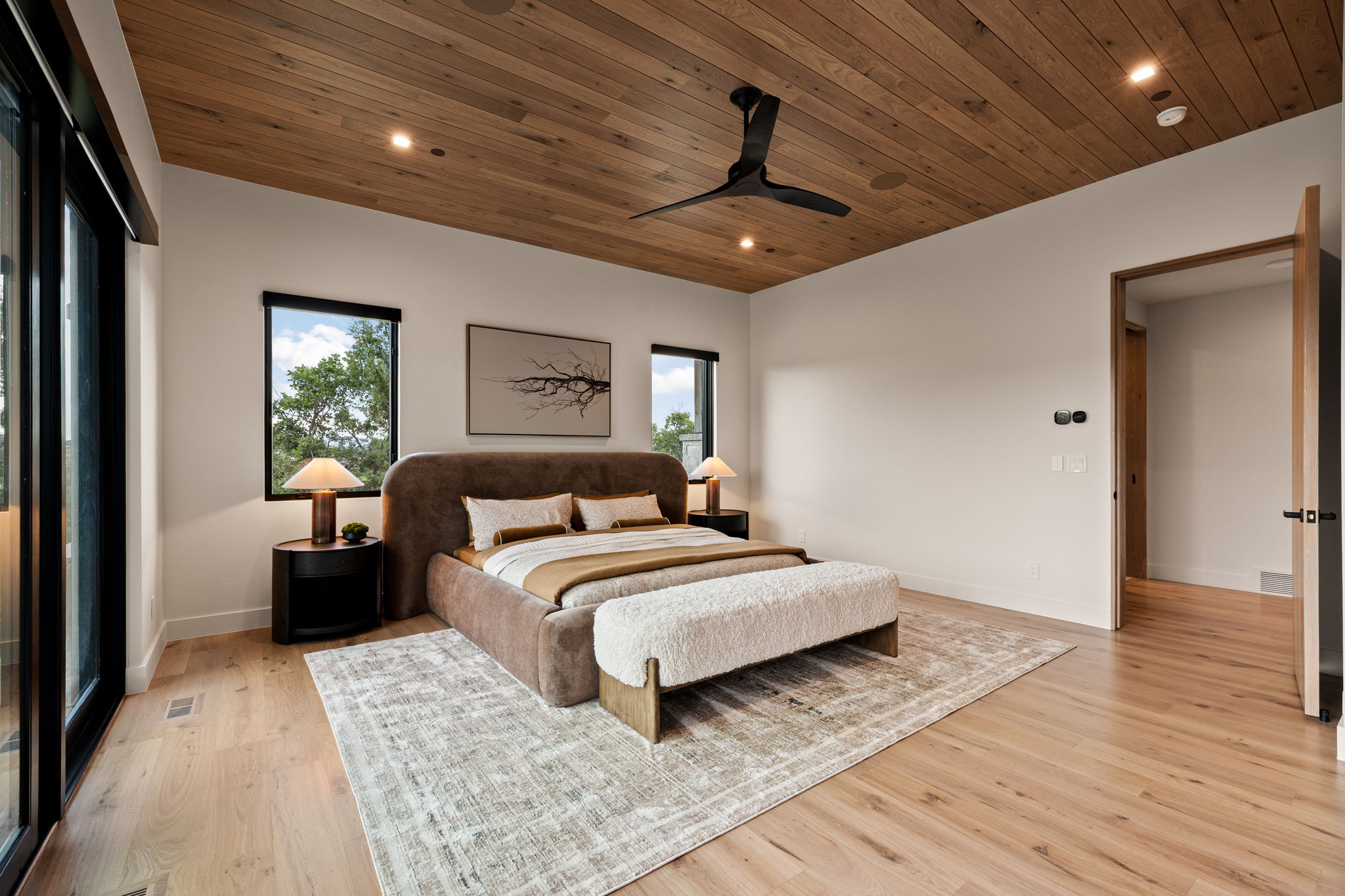 Bedroom featuring wood-finish flooring, a wood plank ceiling, recessed lighting, and a contemporary ceiling fan