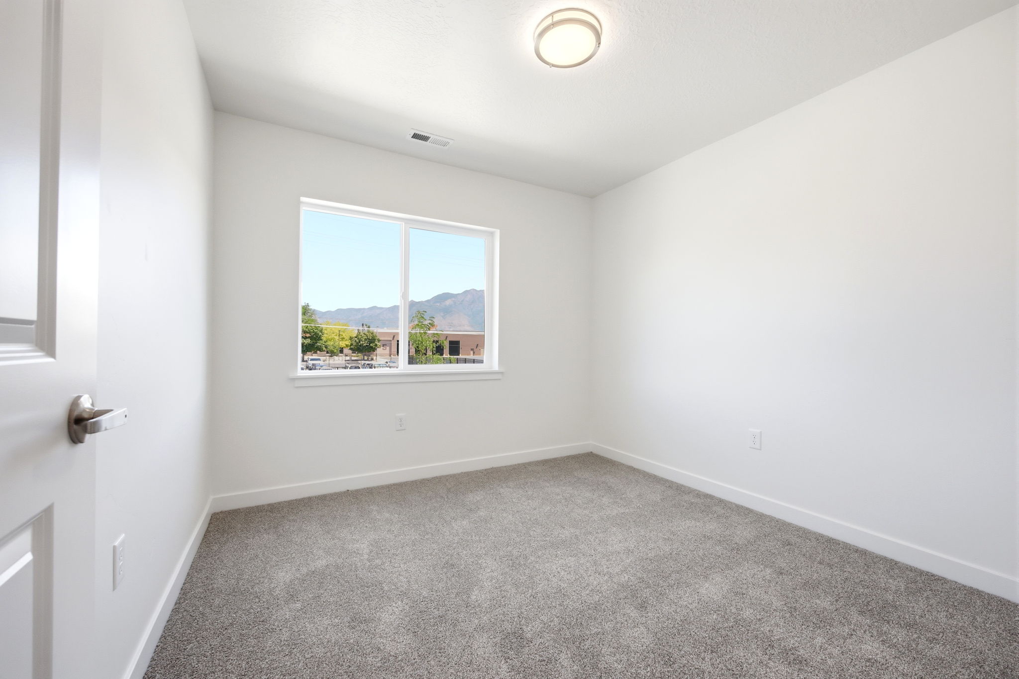 Bright room featuring a window with a mountain backdrop, neutral carpeting, white baseboards, and a flush mount ceiling light