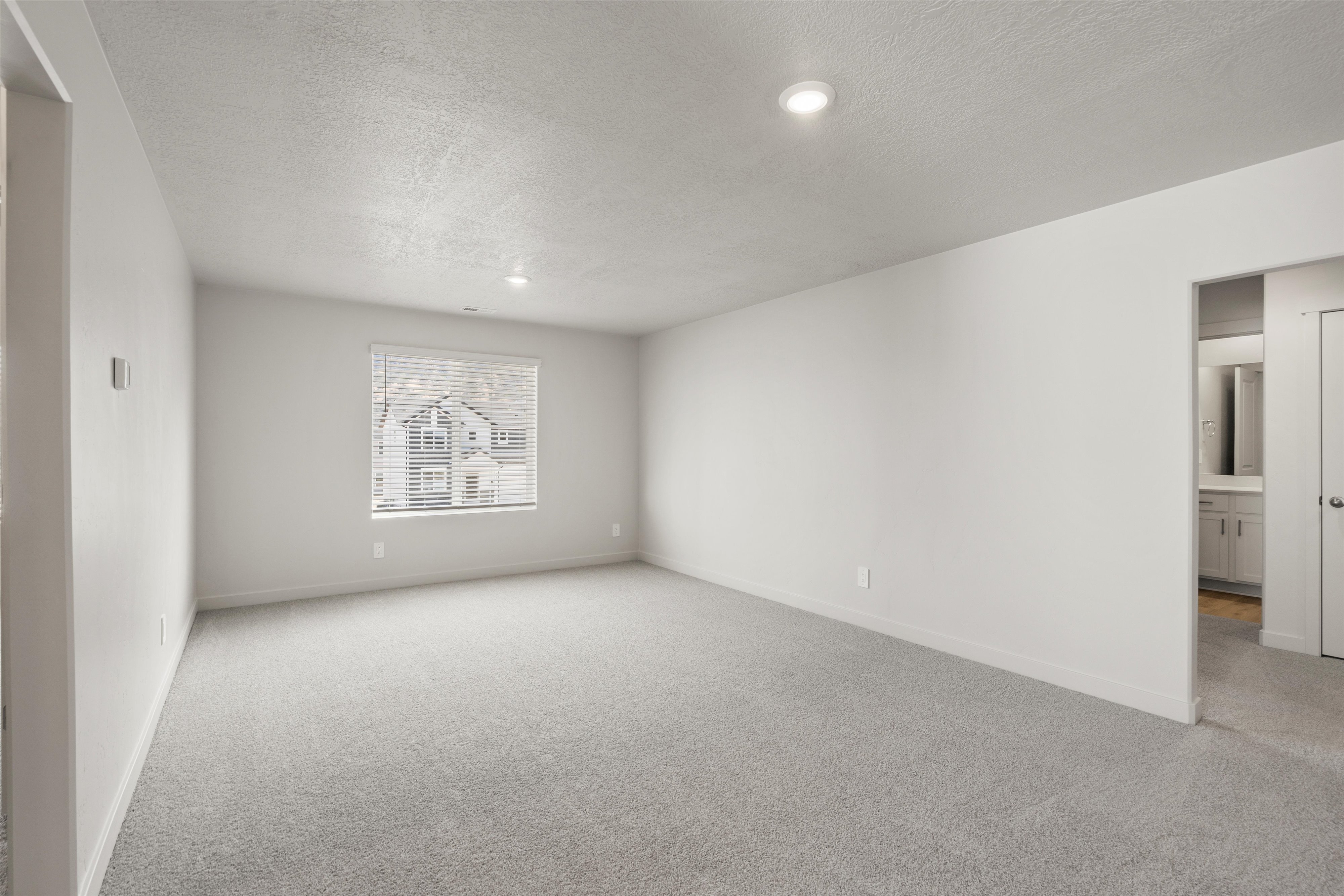 Spacious room featuring light gray carpet, white walls, a window with blinds, and recessed lighting
