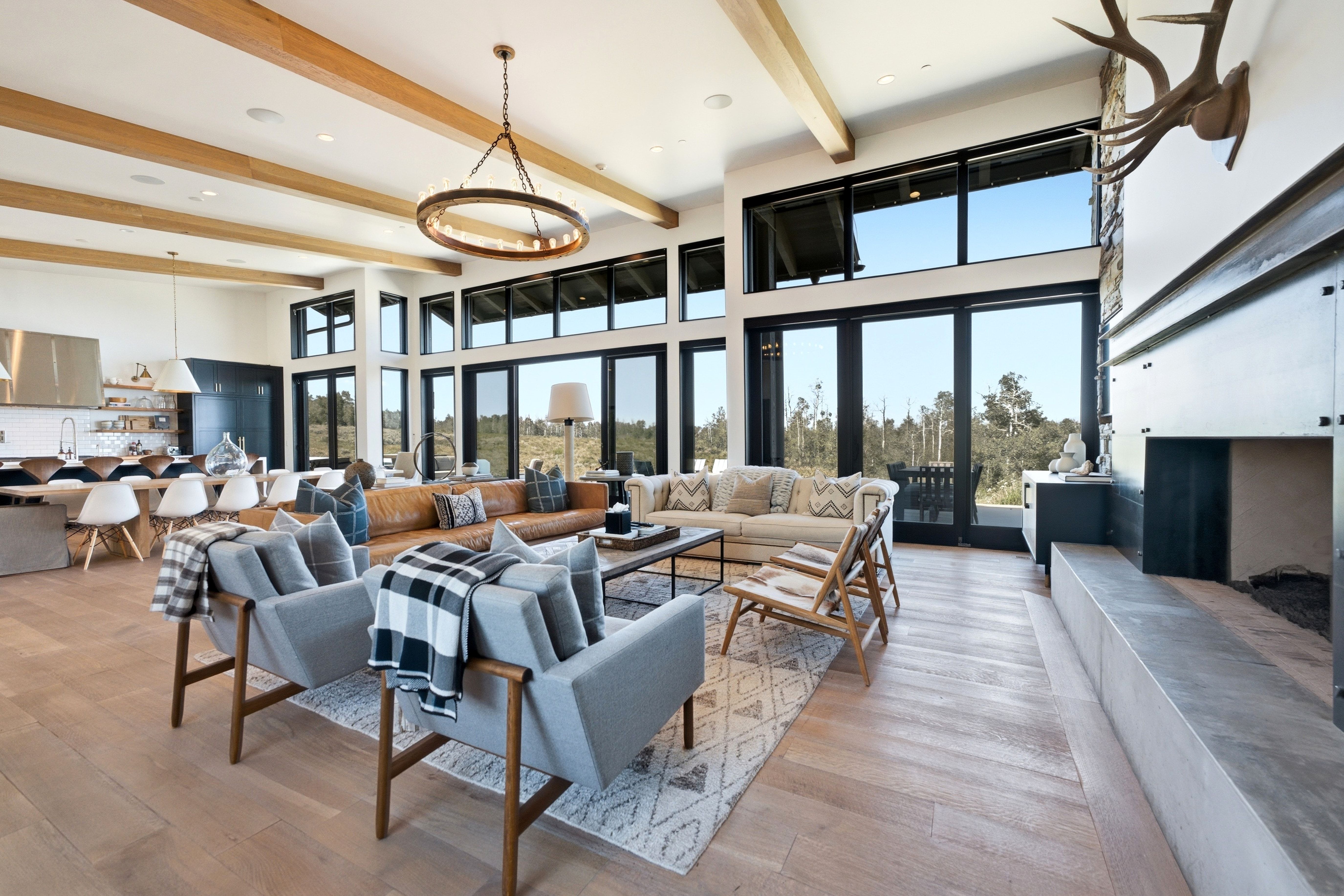 Spacious living area featuring exposed wood ceiling beams, wood-finish flooring, a contemporary fireplace with a stone hearth, and extensive black-framed windows and glass doors