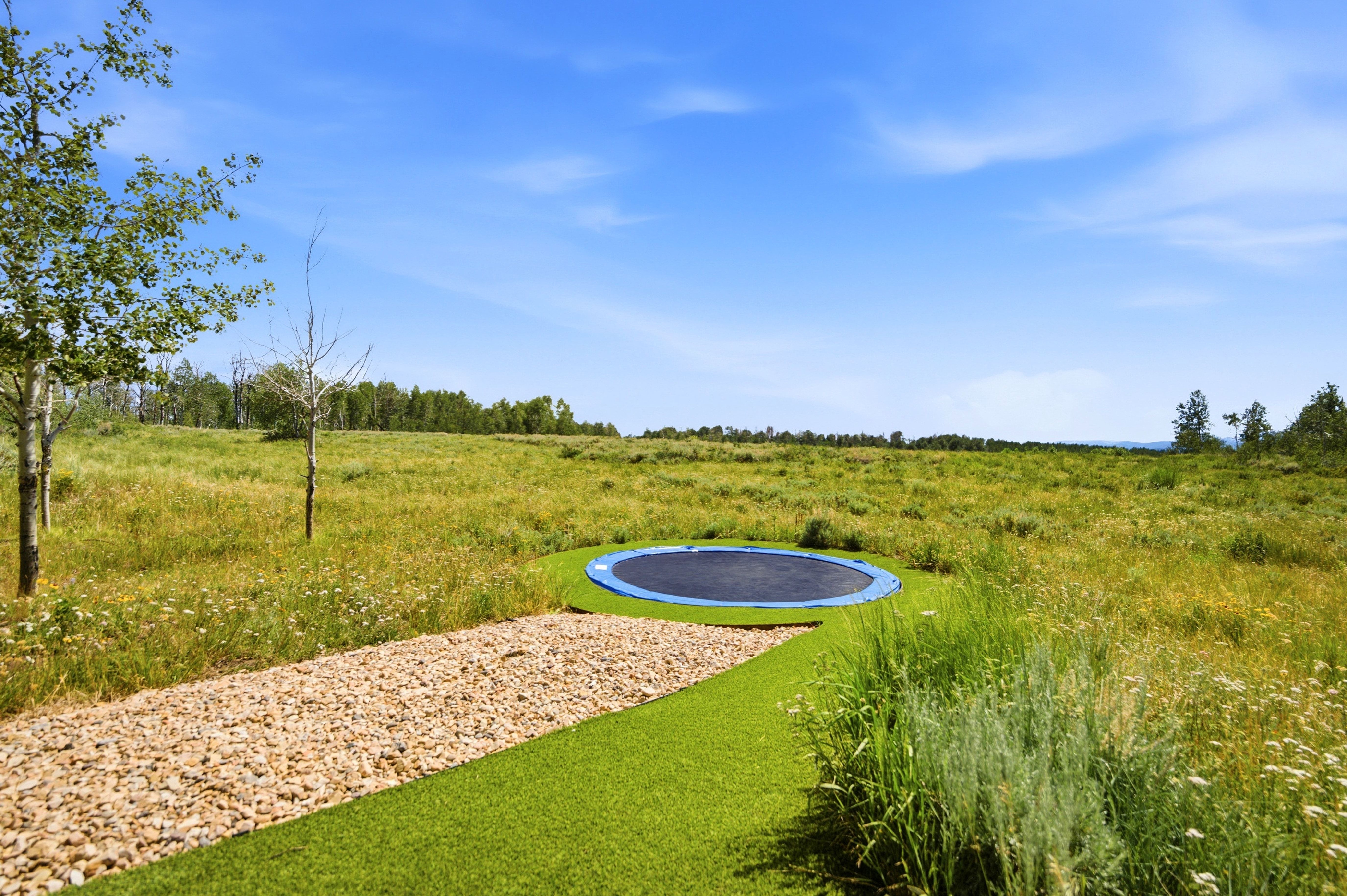 Expansive grassy landscape with a circular in-ground trampoline