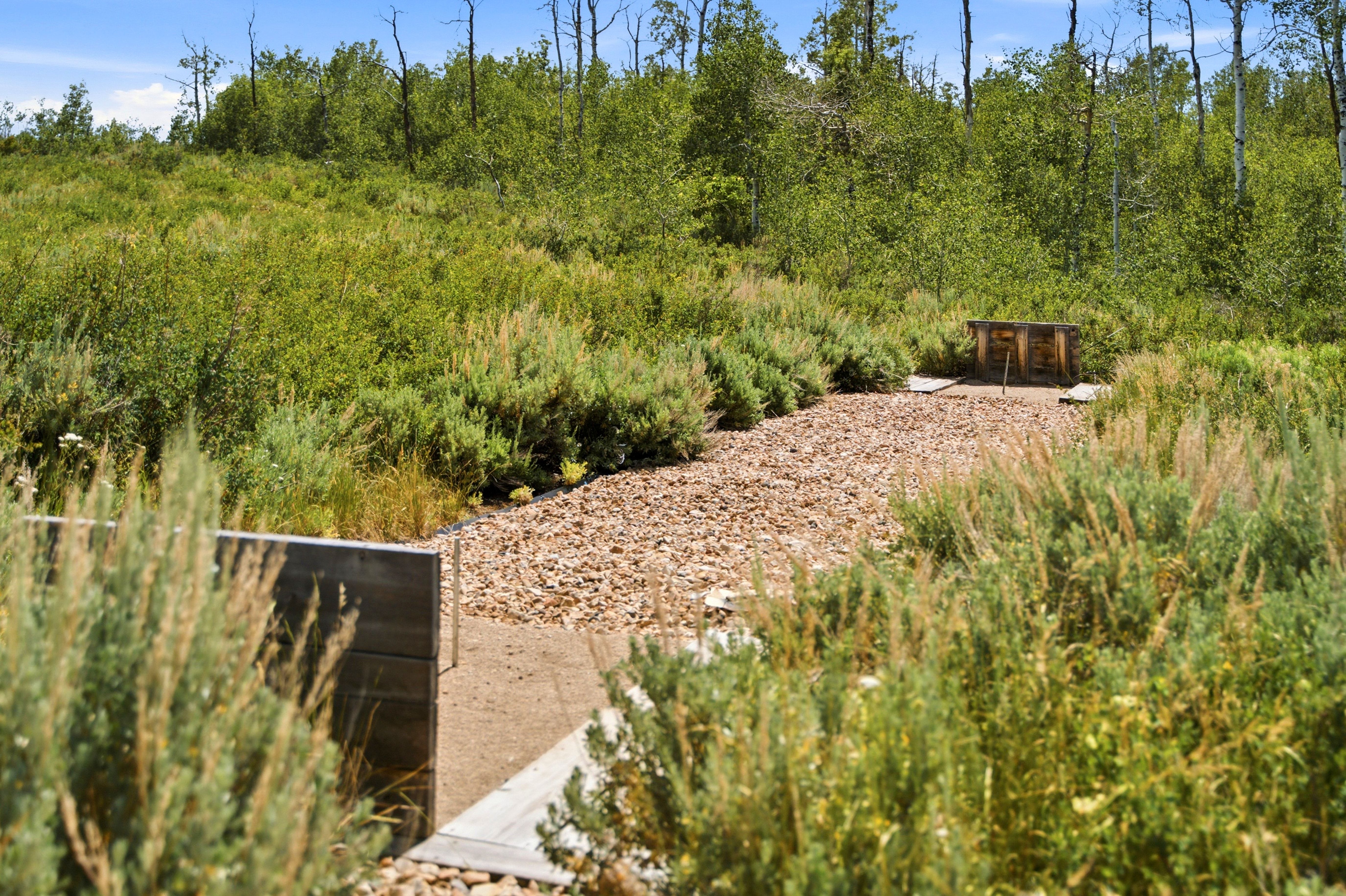 Gravel pathway bordered by low-lying foliage and verdant brush, leading towards a natural wood structure