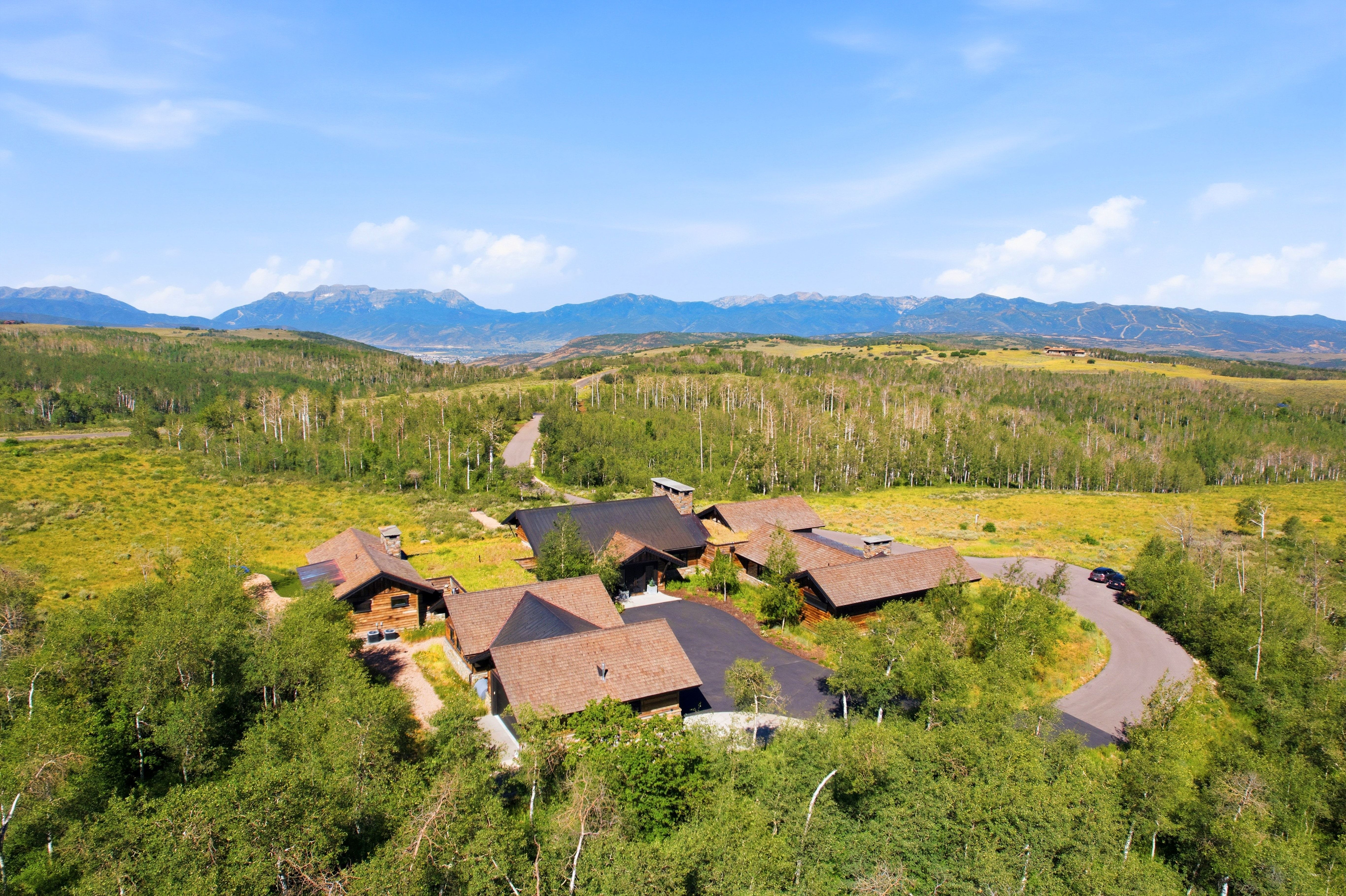 Expansive property featuring multiple buildings with dark brown shingle roofs and natural wood siding, surrounded by mature deciduous trees and open fields