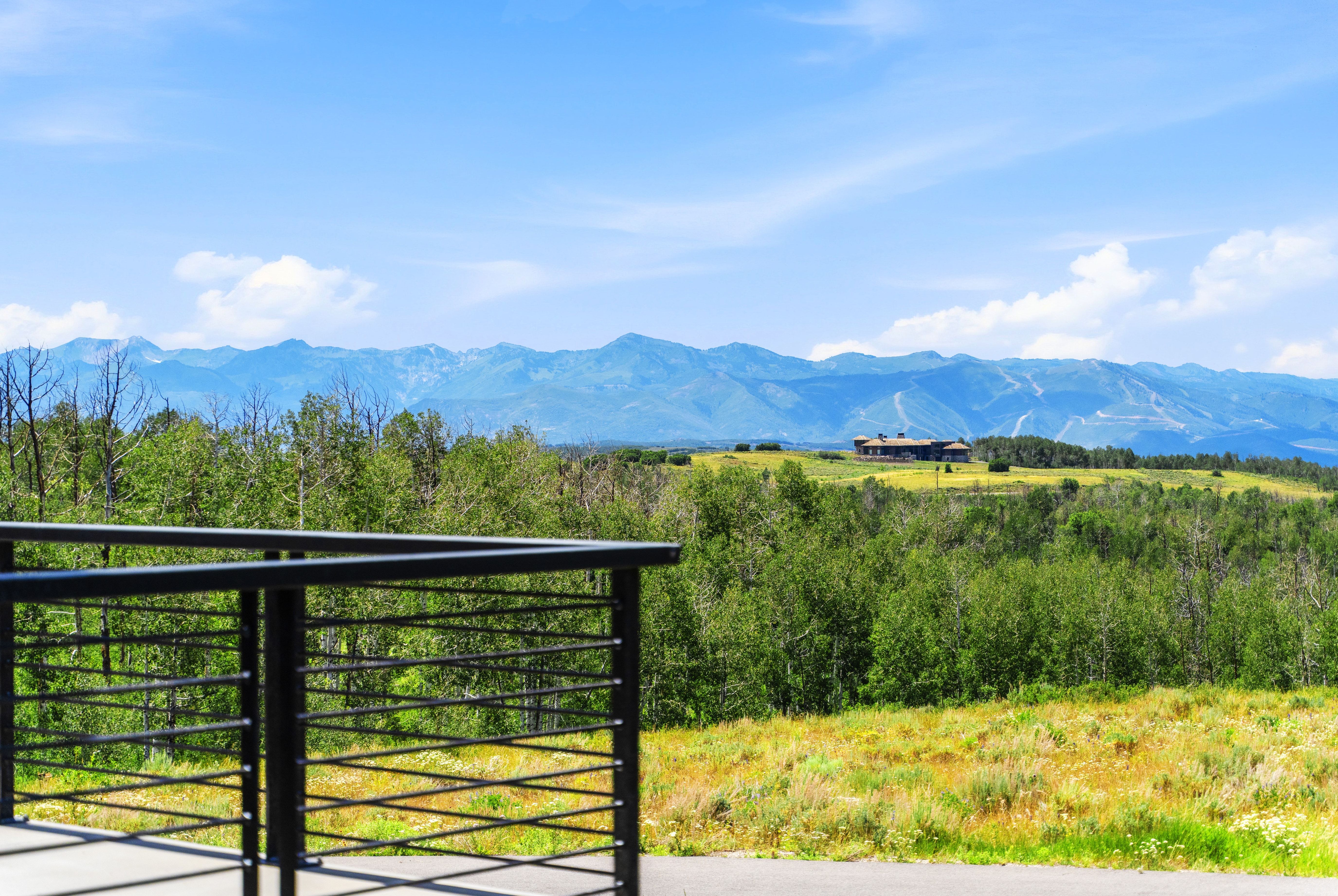 Deck with black metal railing overlooking expansive green landscape and distant mountains