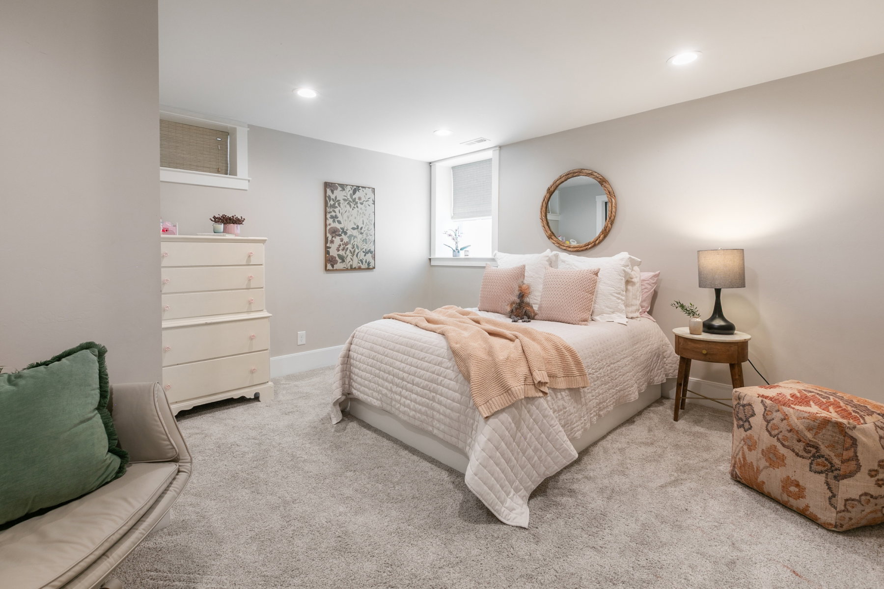 Carpeted bedroom featuring recessed lighting, a window with a blind, and light-toned walls
