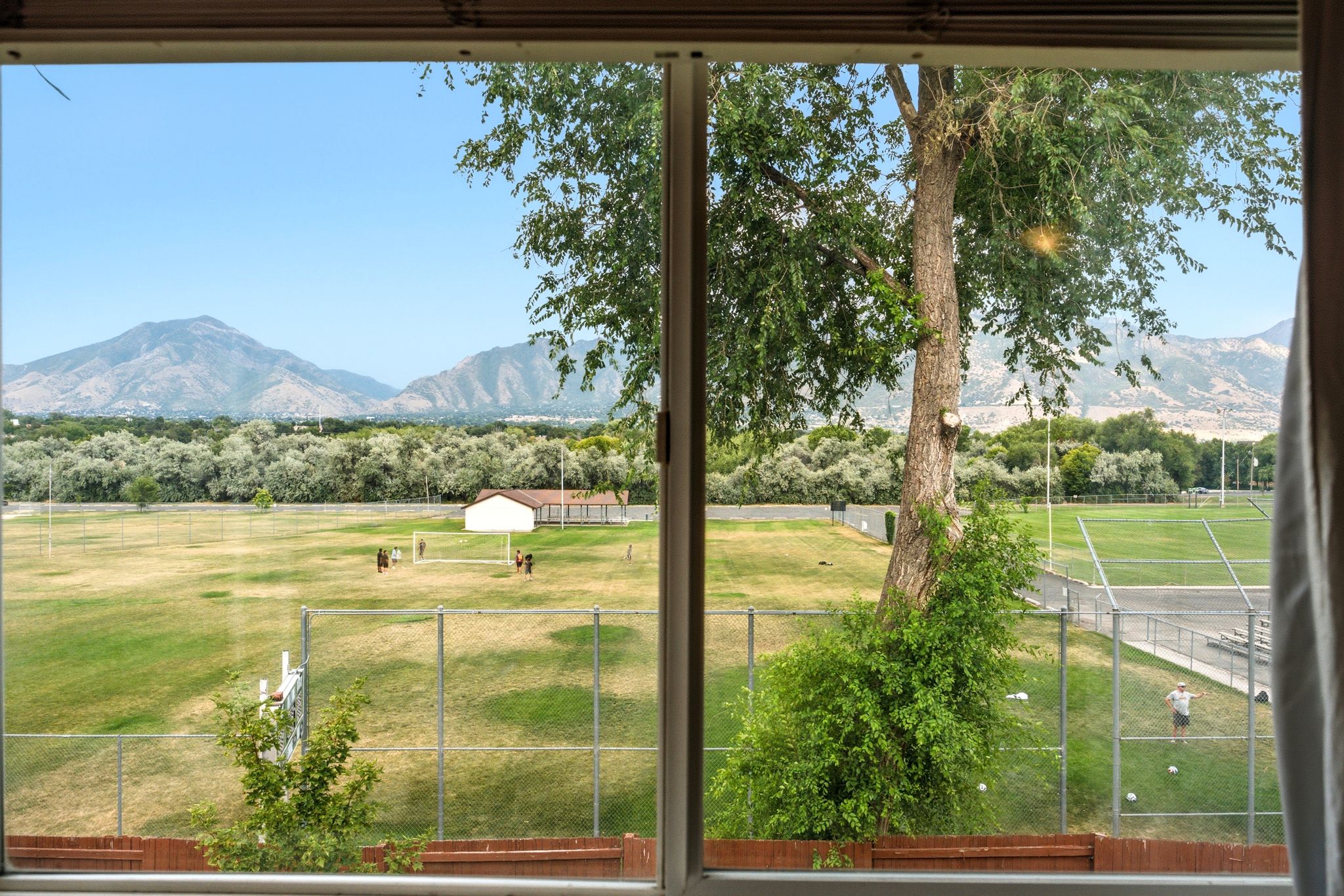 Expansive mountain backdrop with a foreground featuring large open fields and a tree line
