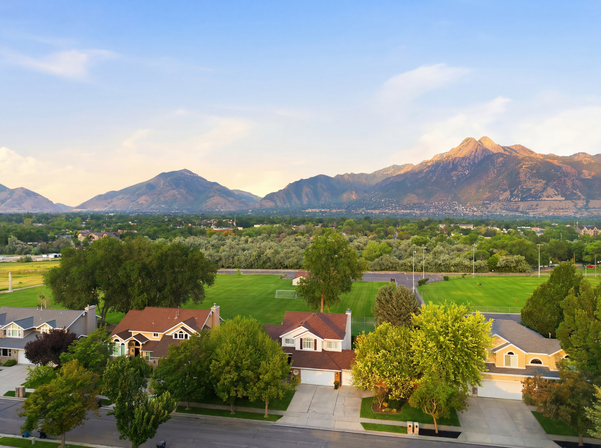 Mountain backdrop with residential properties