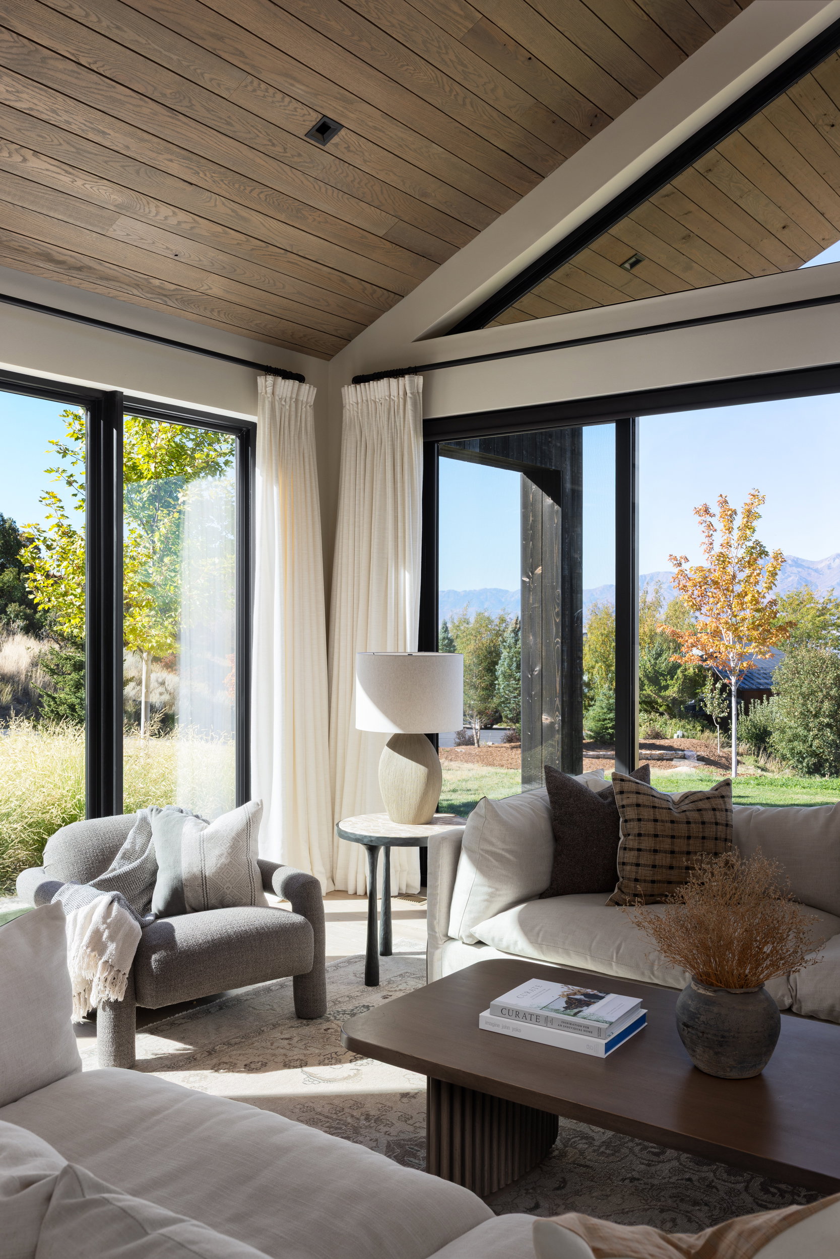 Vaulted wood-finish ceilings complement expansive black-framed windows