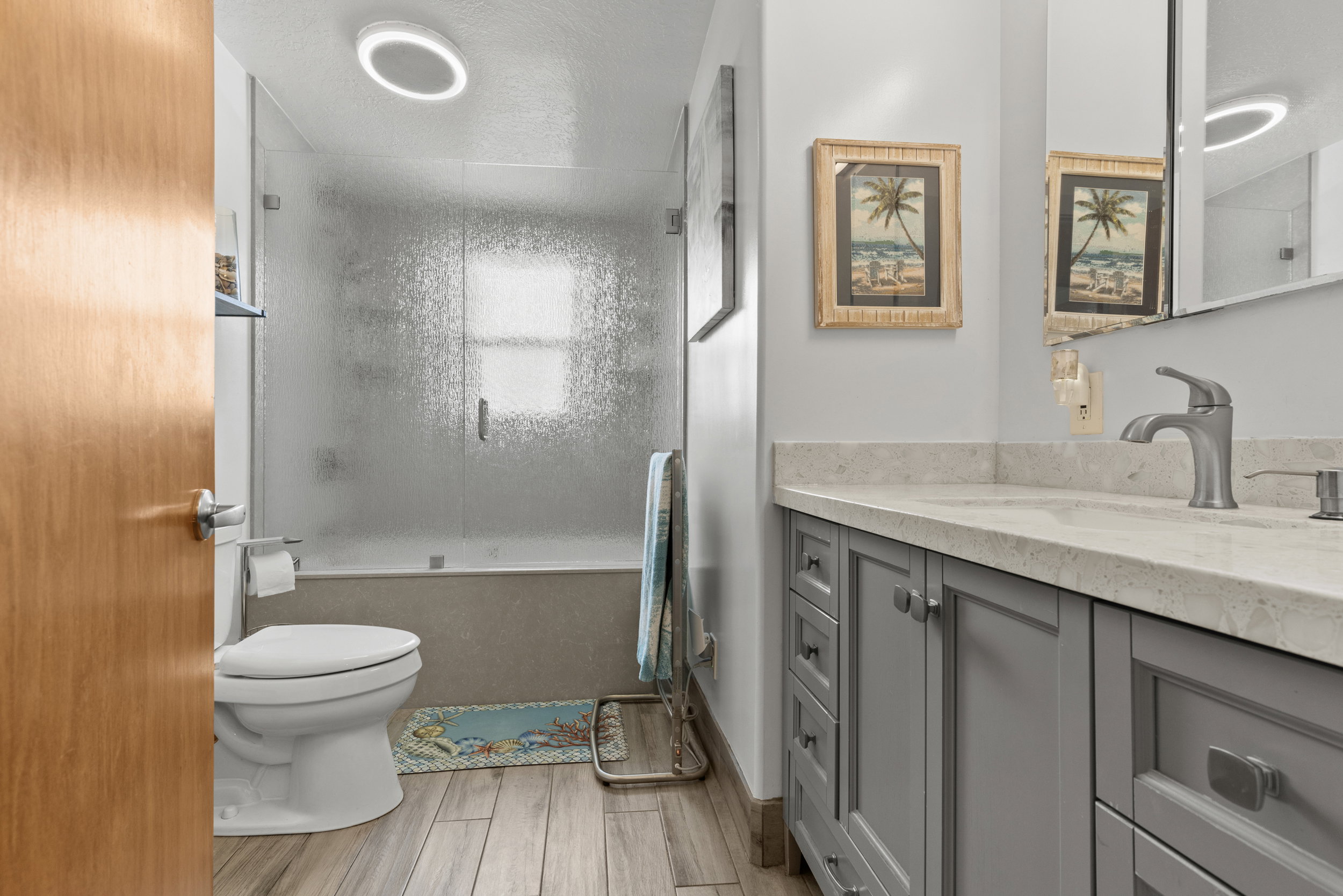 Bathroom featuring a grey vanity with a light-colored countertop, brushed nickel fixtures, wood-finish flooring, a toilet, and a frosted glass shower enclosure