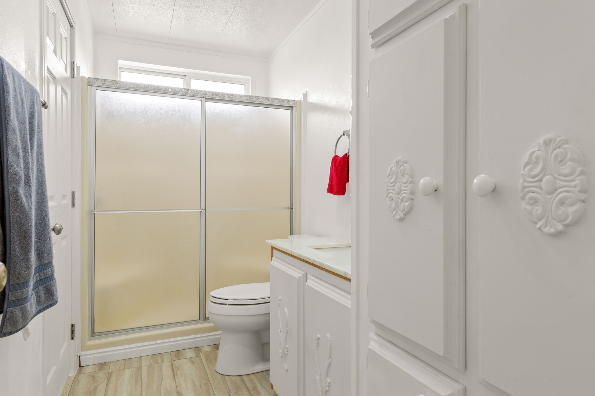 Bathroom featuring a sliding glass shower enclosure, wood-finish flooring, and a single vanity with a white countertop
