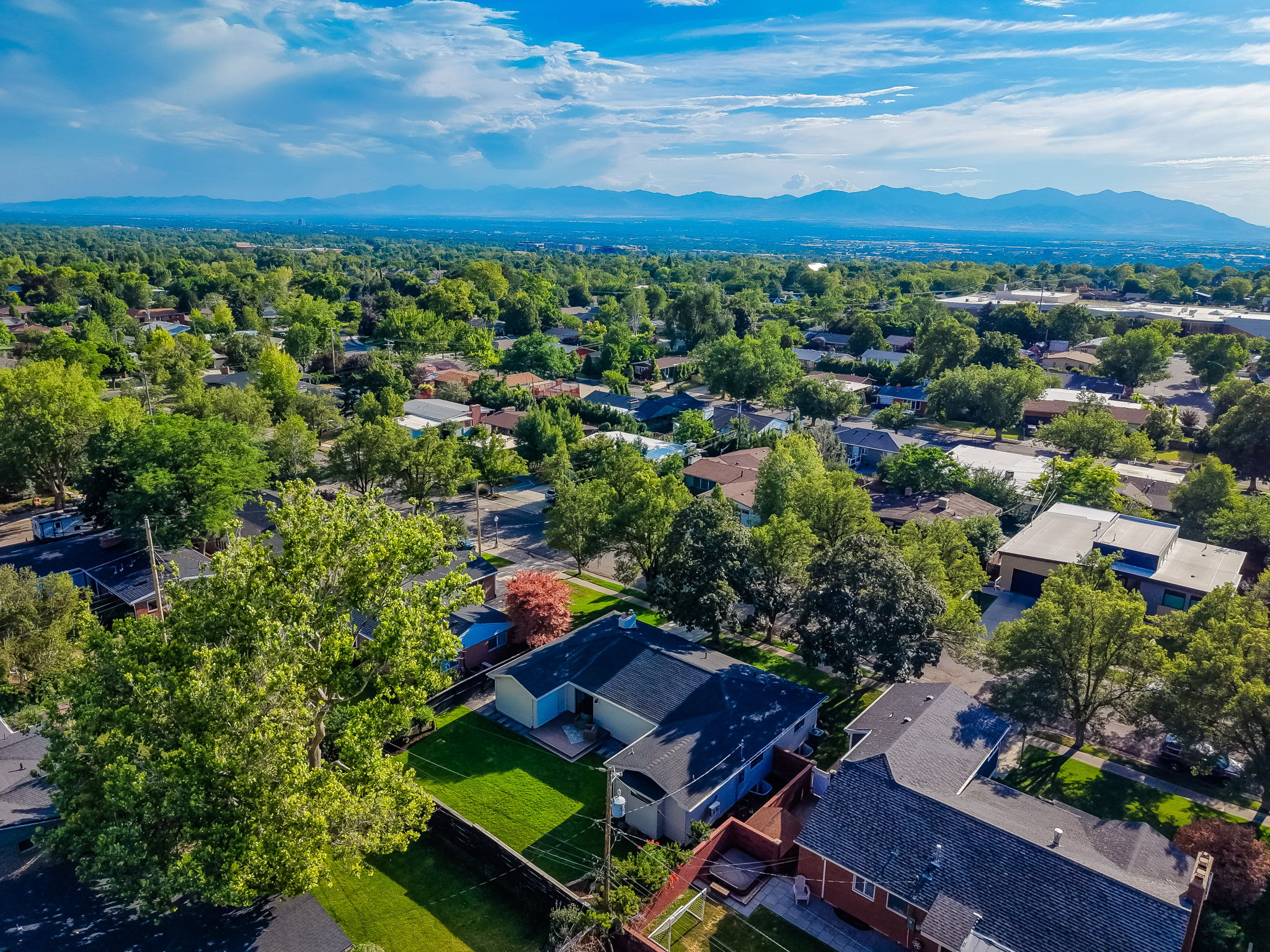 Aerial perspective showcasing a residential area with mature trees and a mountain range
