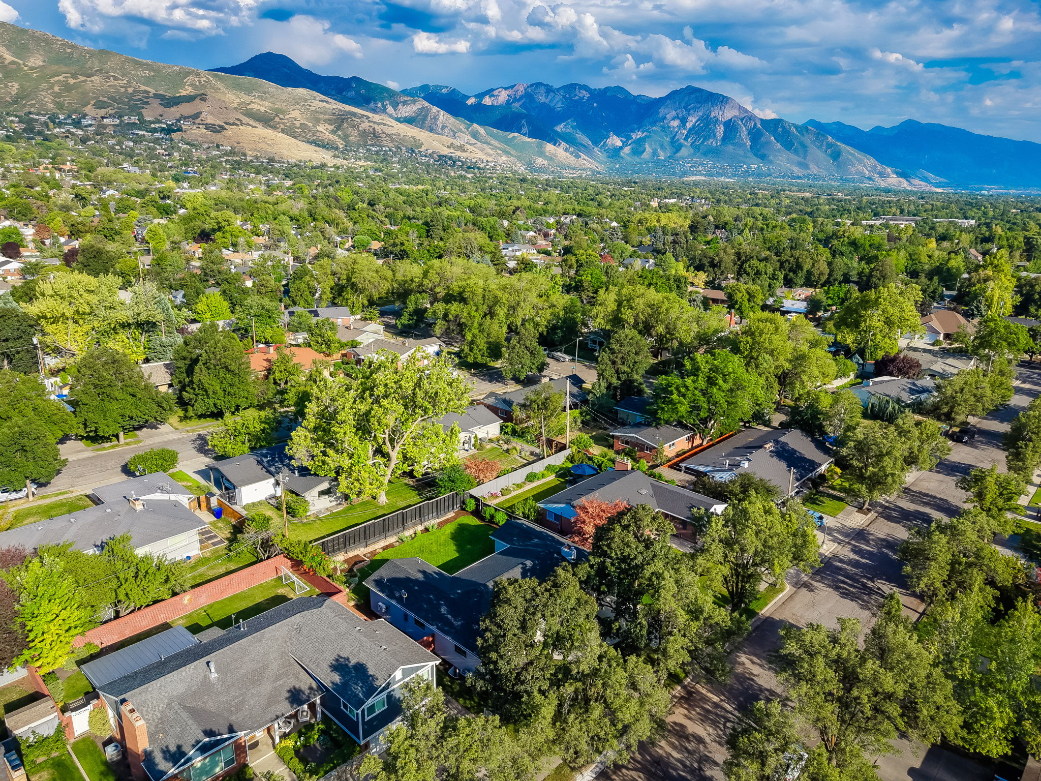 Residential neighborhood featuring mature trees and mountain scenery