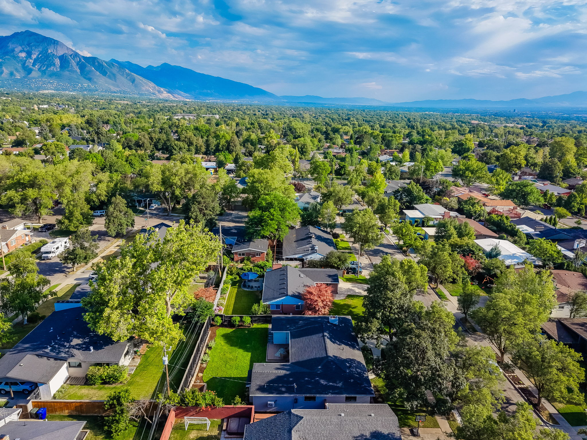 Expansive aerial perspective showcasing a quiet neighborhood with mature trees and mountain scenery