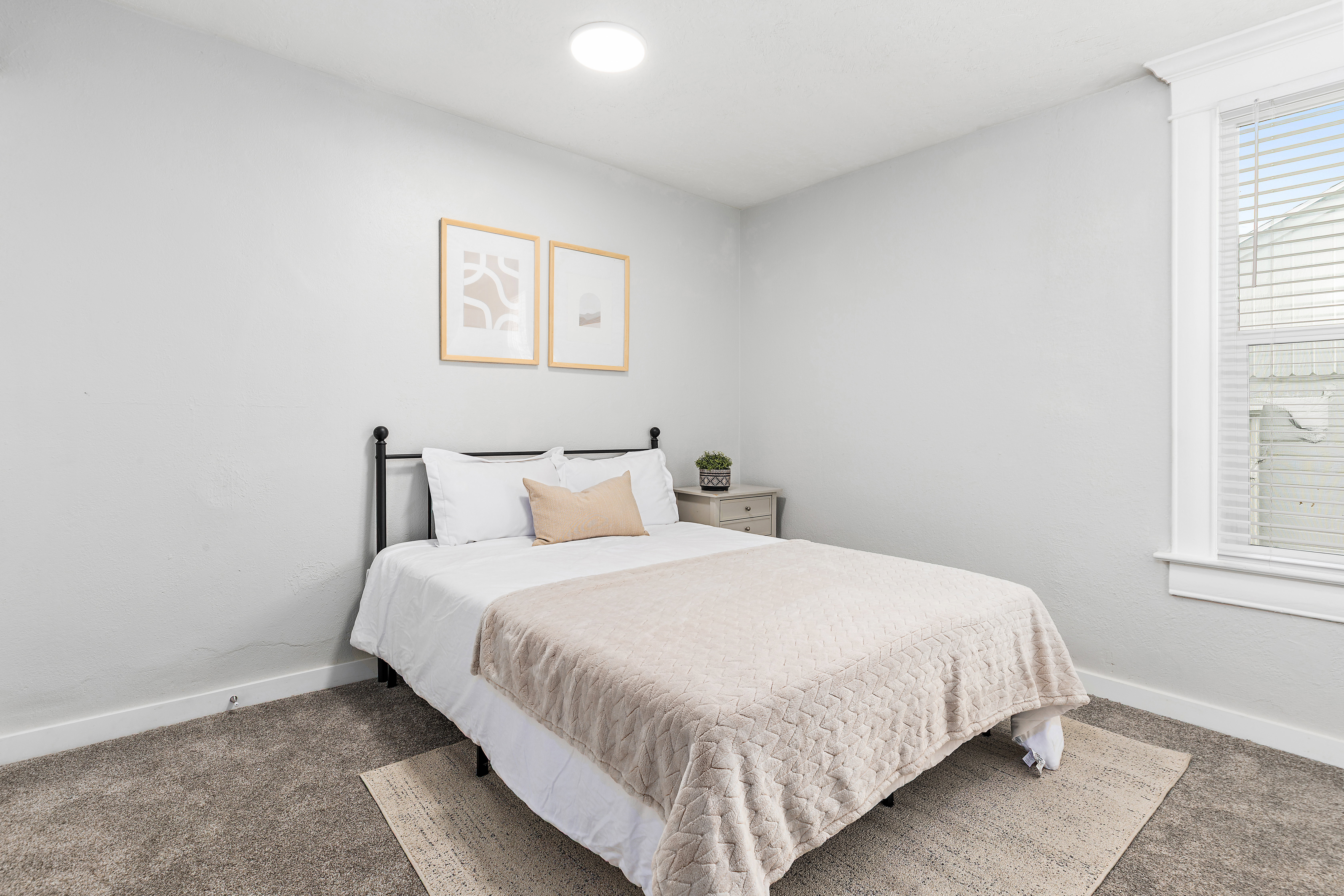 Bedroom featuring soft gray walls, neutral carpeting, a single window with white blinds, and a recessed ceiling light