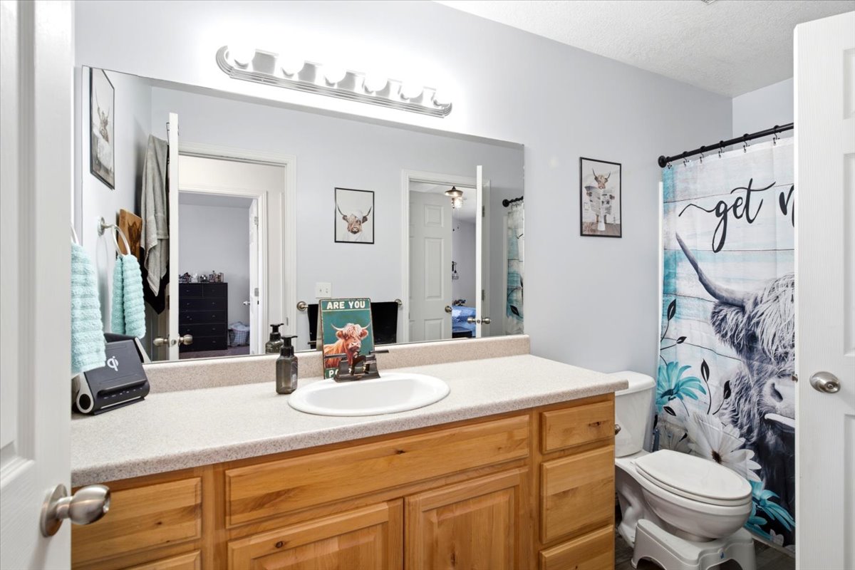 Bathroom vanity featuring wood-finish cabinetry, a single basin sink, and a speckled countertop