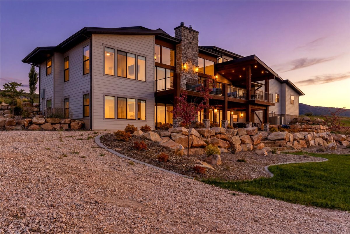 Contemporary exterior featuring light-toned siding, a prominent stone chimney, extensive window placement, and multiple covered outdoor living spaces