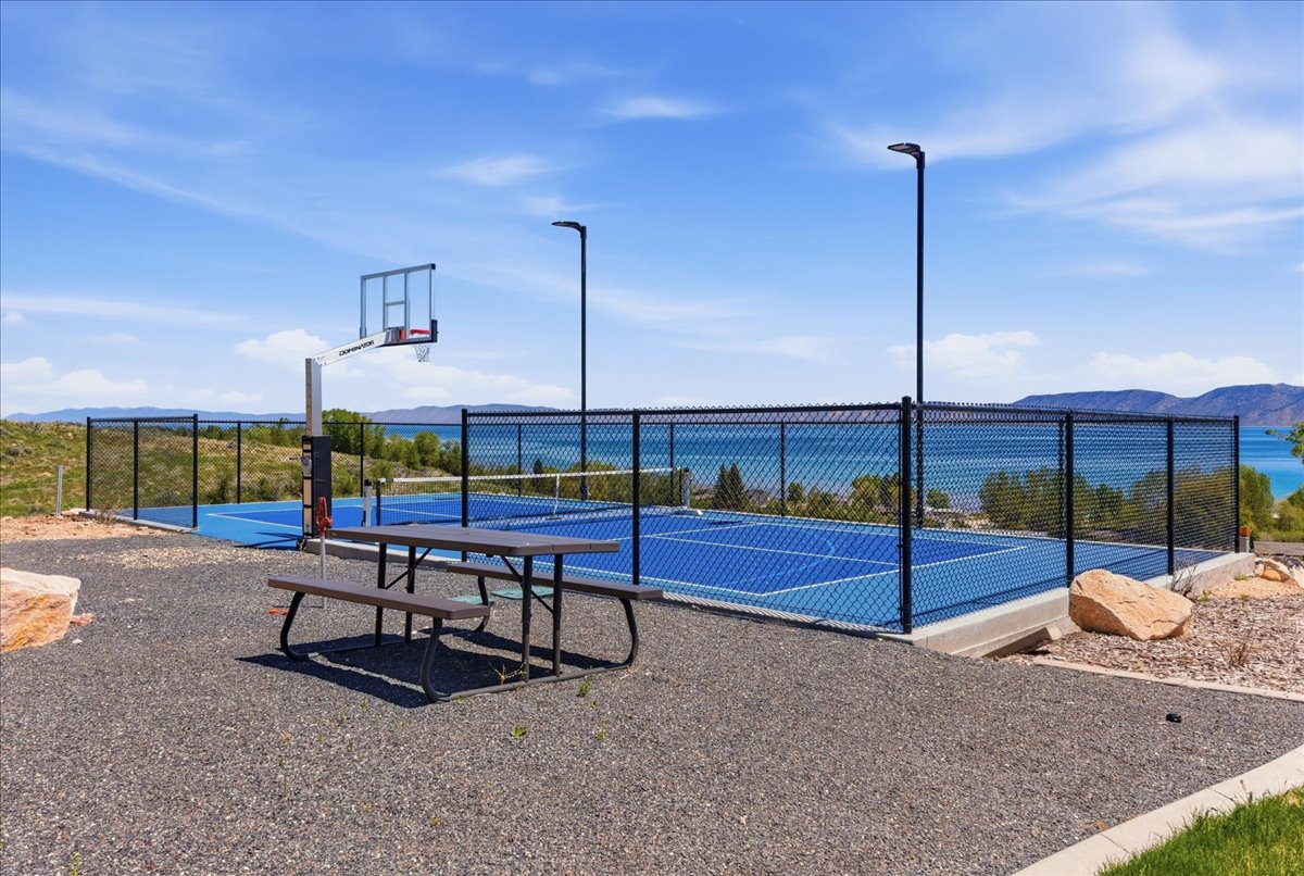 Outdoor recreation area featuring a basketball hoop, a blue-surfaced court, and chain-link fencing