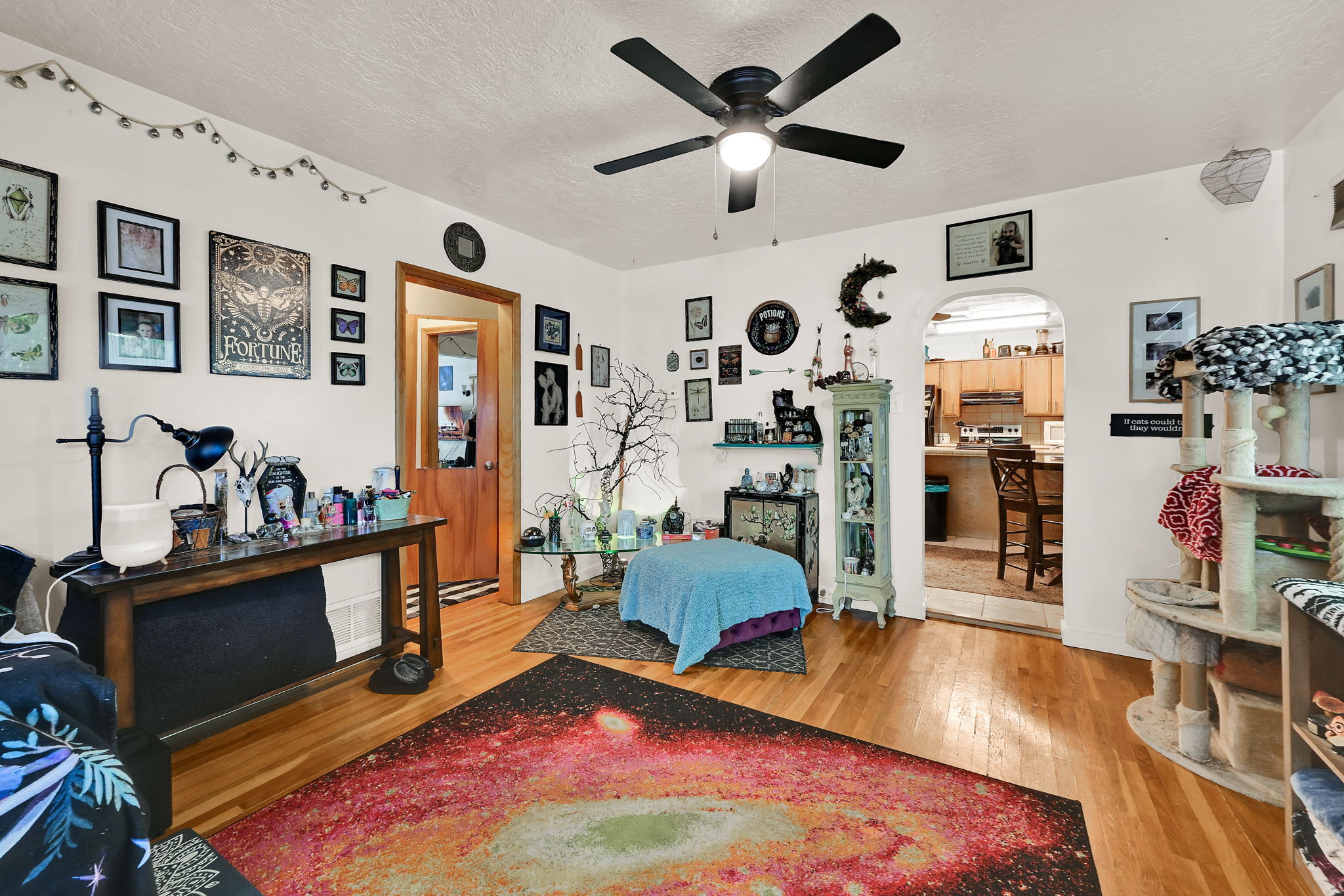 Hardwood-style flooring extends throughout this room, complemented by a ceiling fan with integrated lighting