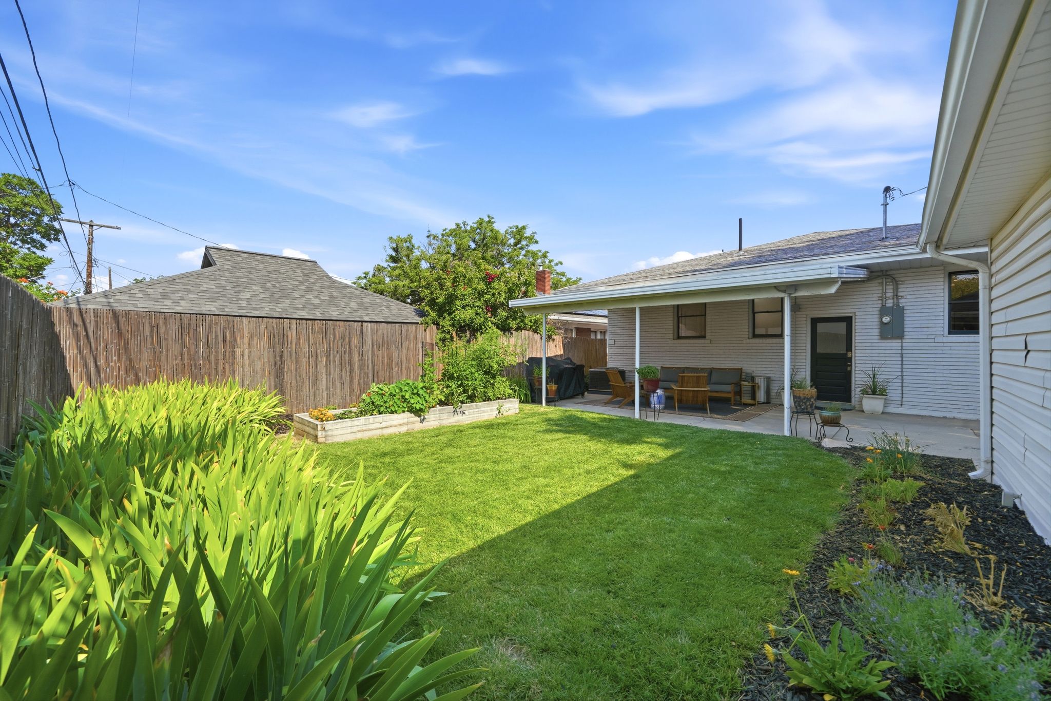 Expansive backyard featuring a covered patio, concrete surface, and a manicured lawn