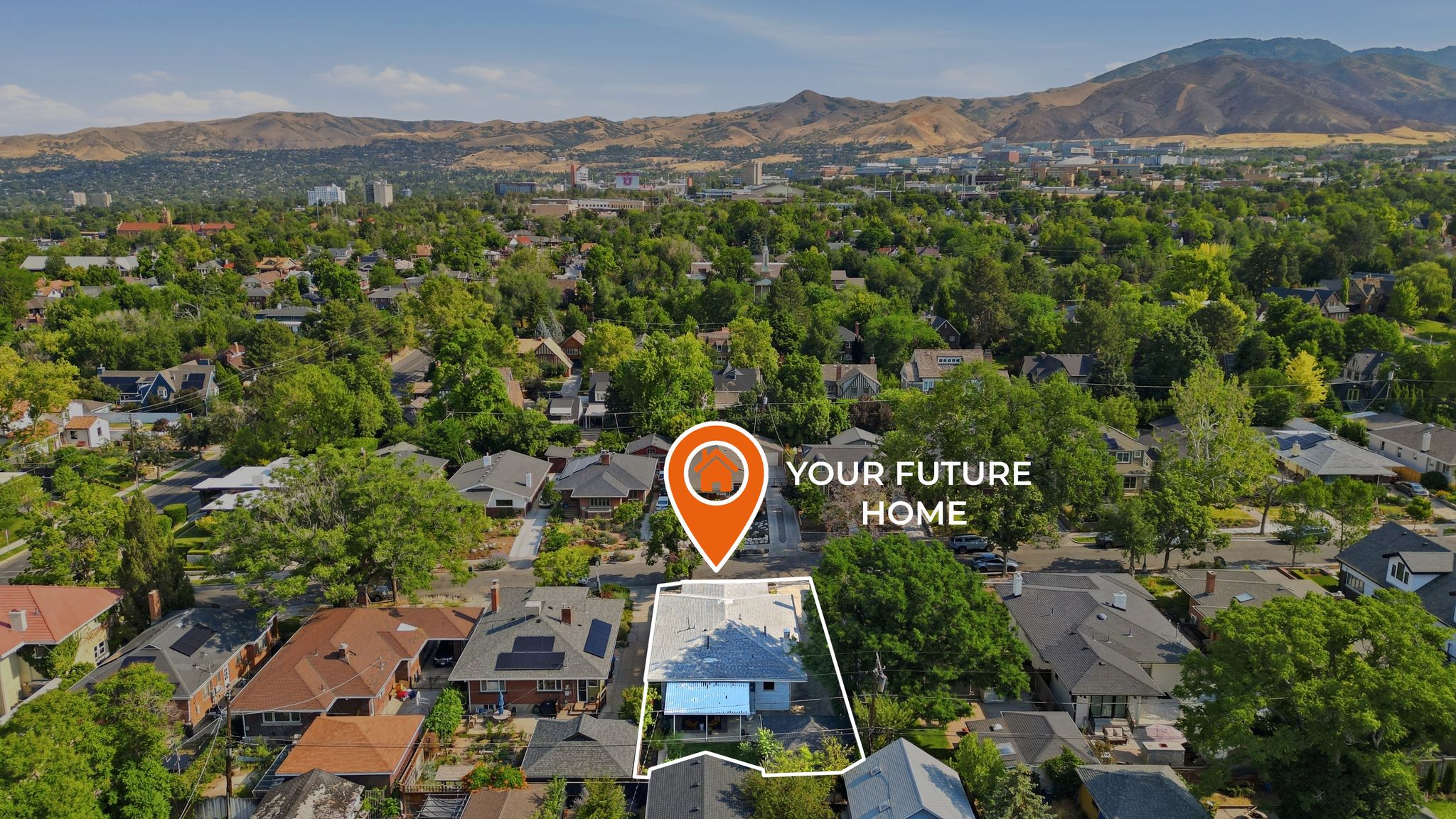 Aerial perspective of a verdant neighborhood with a mountain backdrop