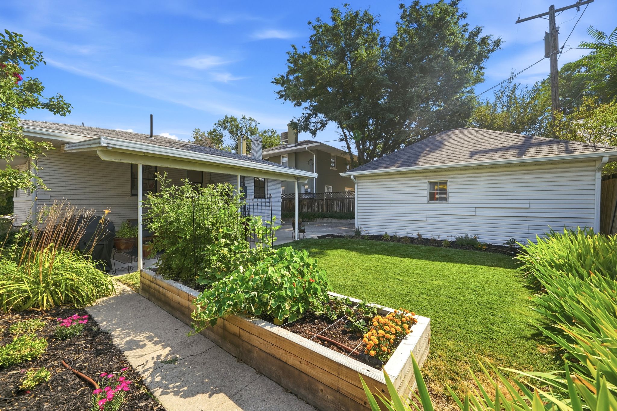 Expansive backyard featuring a covered patio, manicured lawn, and a raised garden bed