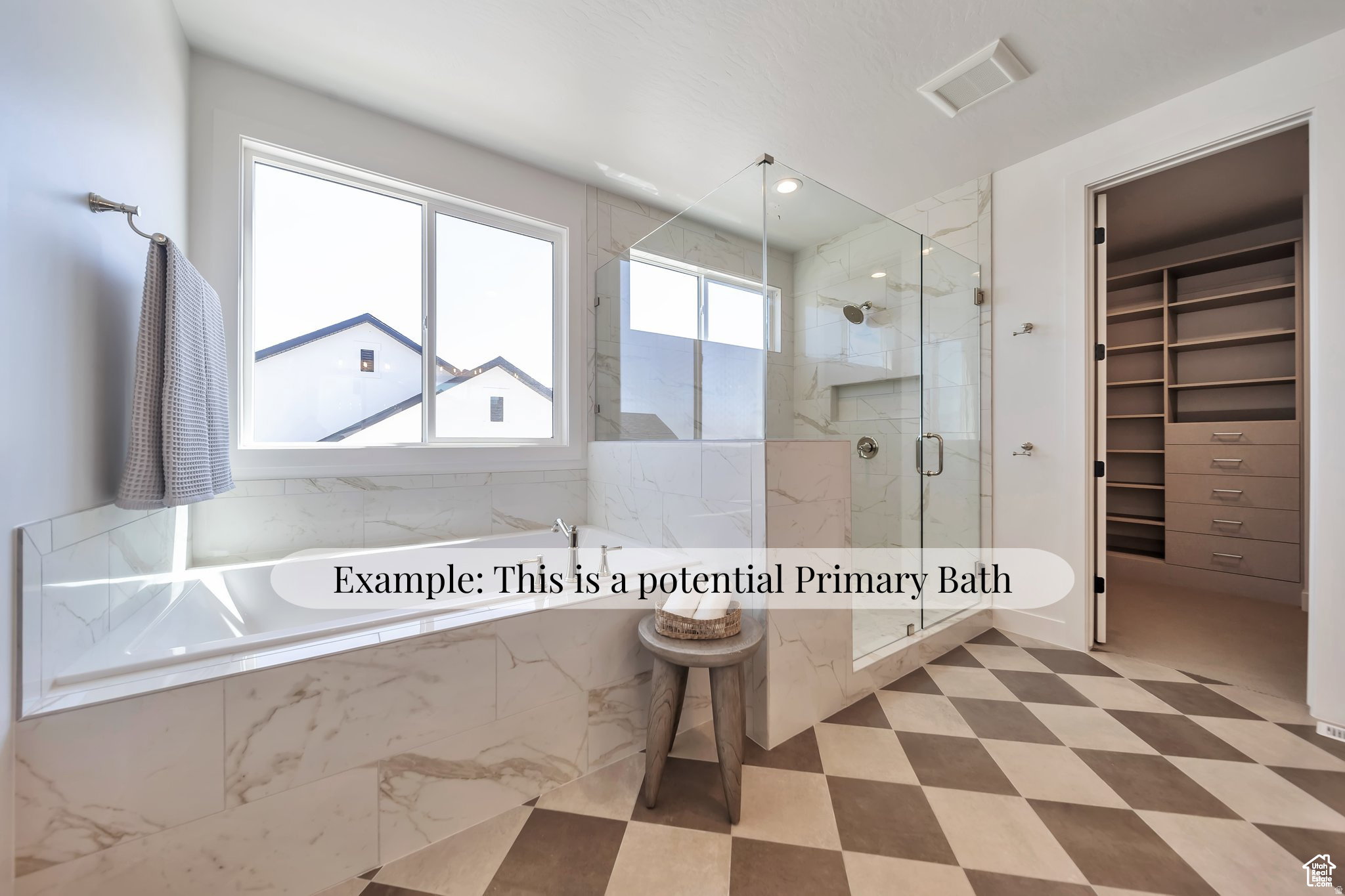 Full bathroom featuring a built-in tub with marble-look tile surround, a glass-enclosed shower with a tiled bench, and a dual-tone diamond pattern floor
