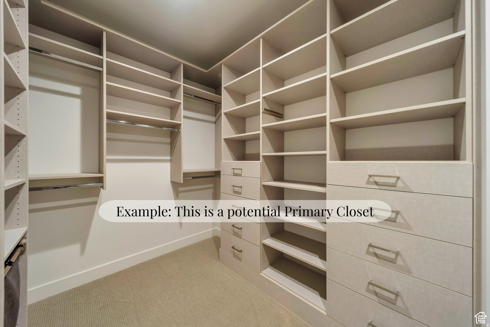 Custom-built closet system featuring extensive shelving, hanging rods, multiple drawers with modern hardware, and neutral-toned carpeting