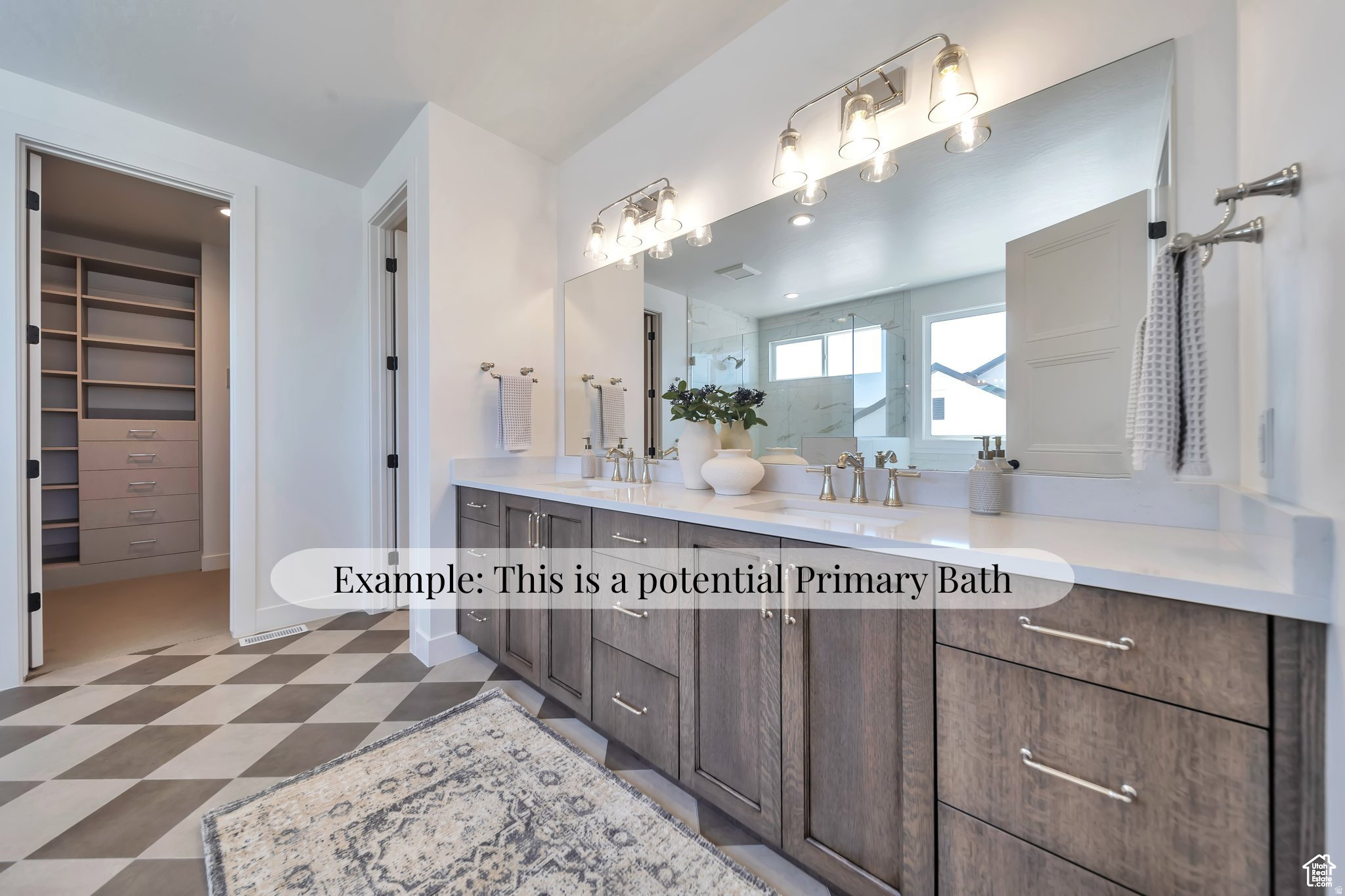 Dual vanity with wood-finish cabinetry, quartz countertop, and integrated sinks